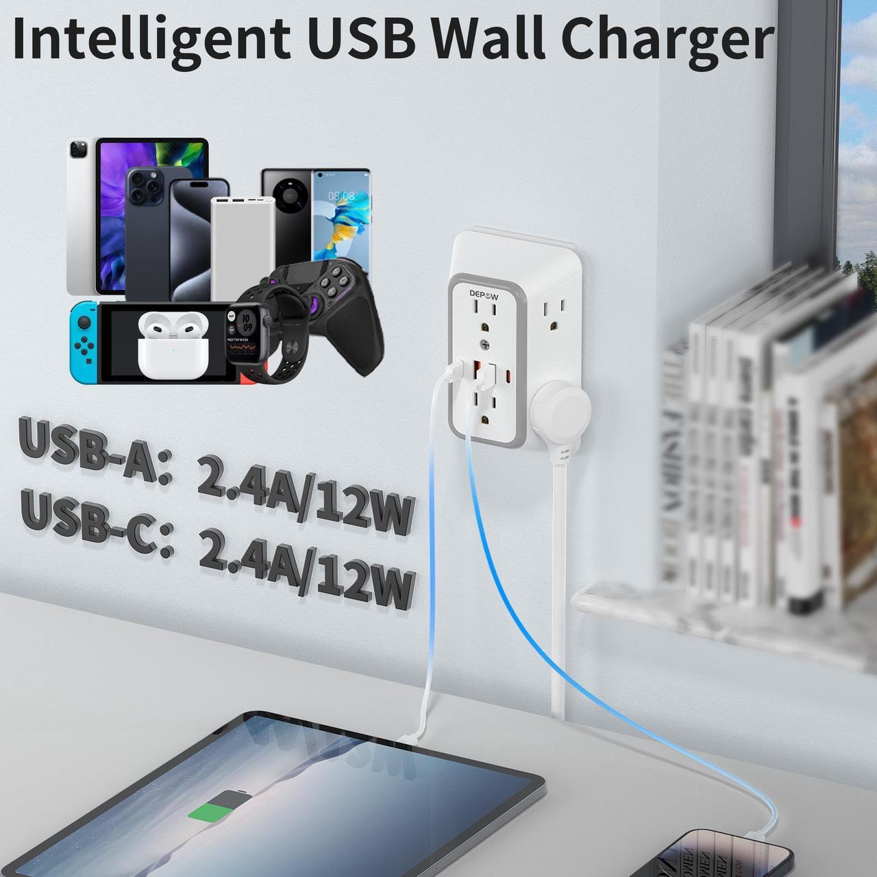 Alt view image 3 of 7 - DEPOW Wall Charger 6 AC Outlet Extender with 4 USB Charging Ports(2 USB C), 3-Sided Power Strip Multi Plug Wall Outlet Splitter Adapter Spaced for Home Office Dorm, White