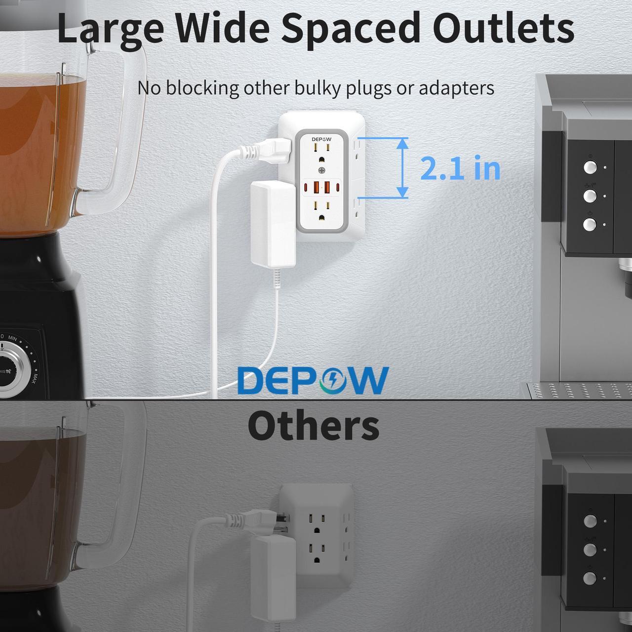 Alt view image 4 of 7 - DEPOW Wall Charger 6 AC Outlet Extender with 4 USB Charging Ports(2 USB C), 3-Sided Power Strip Multi Plug Wall Outlet Splitter Adapter Spaced for Home Office Dorm, White