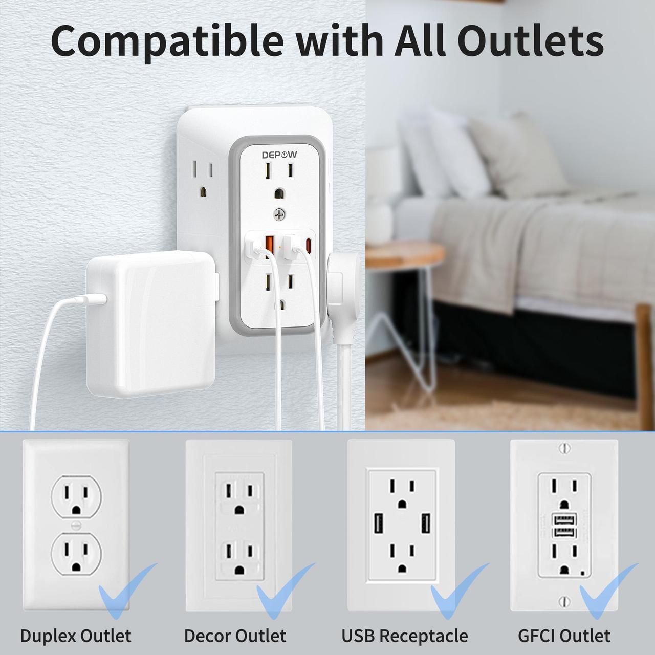 Alt view image 6 of 7 - DEPOW Wall Charger 6 AC Outlet Extender with 4 USB Charging Ports(2 USB C), 3-Sided Power Strip Multi Plug Wall Outlet Splitter Adapter Spaced for Home Office Dorm, White