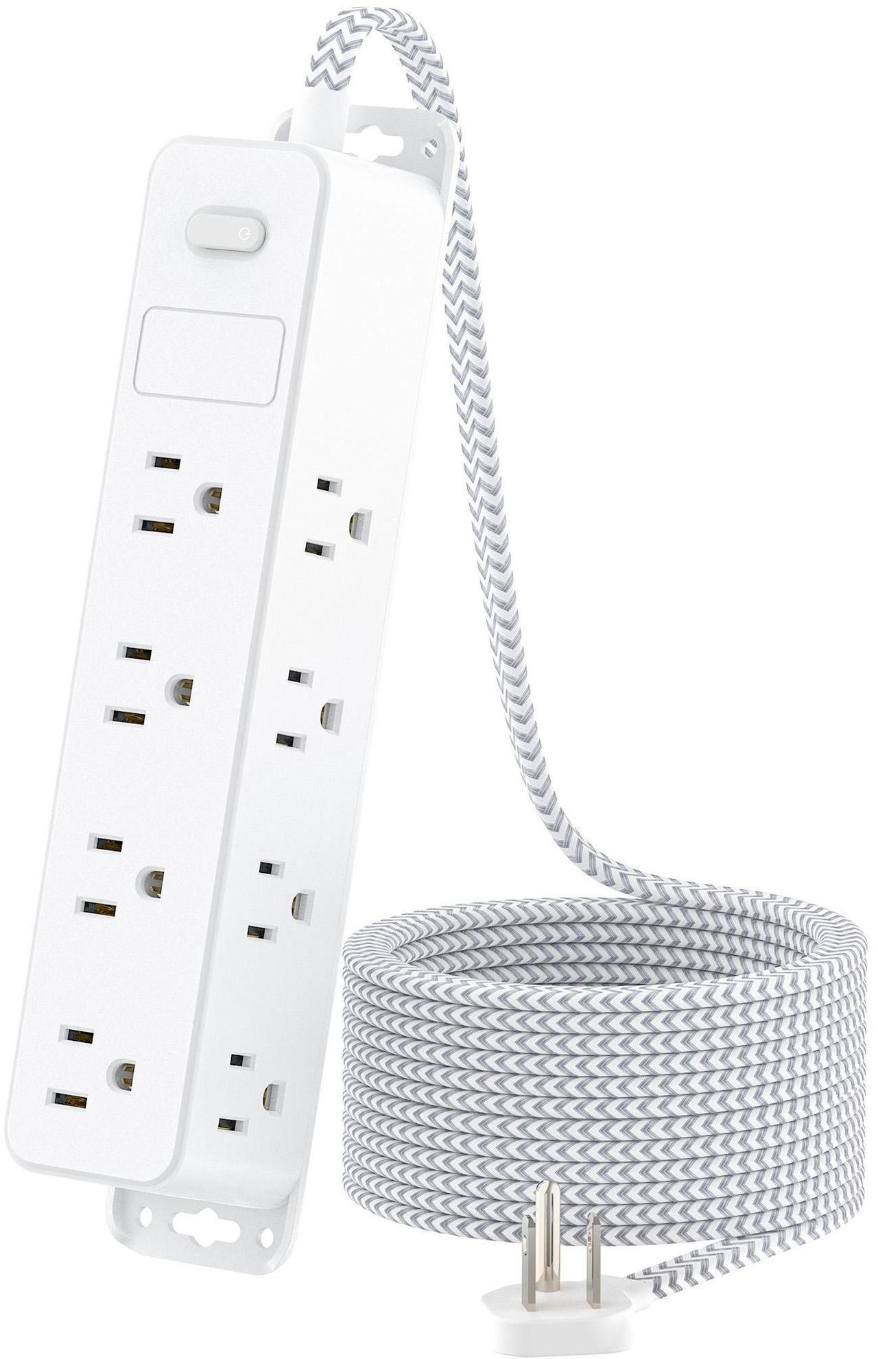 Main image of HOPOW Surge Protector Power Strip, 5ft Braided Flat Plug Extension Cord, 12 AC Outlets, 3-Sided Surround Design, 1700 Joules Surge Protection, Home, Office, Dorm Room Essentials, White