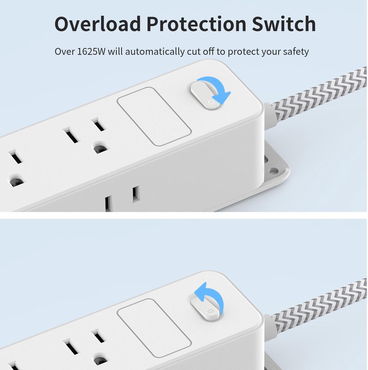 Alt view image 6 of 7 - HOPOW Surge Protector Power Strip, 5ft Braided Flat Plug Extension Cord, 12 AC Outlets, 3-Sided Surround Design, 1700 Joules Surge Protection, Home, Office, Dorm Room Essentials, White