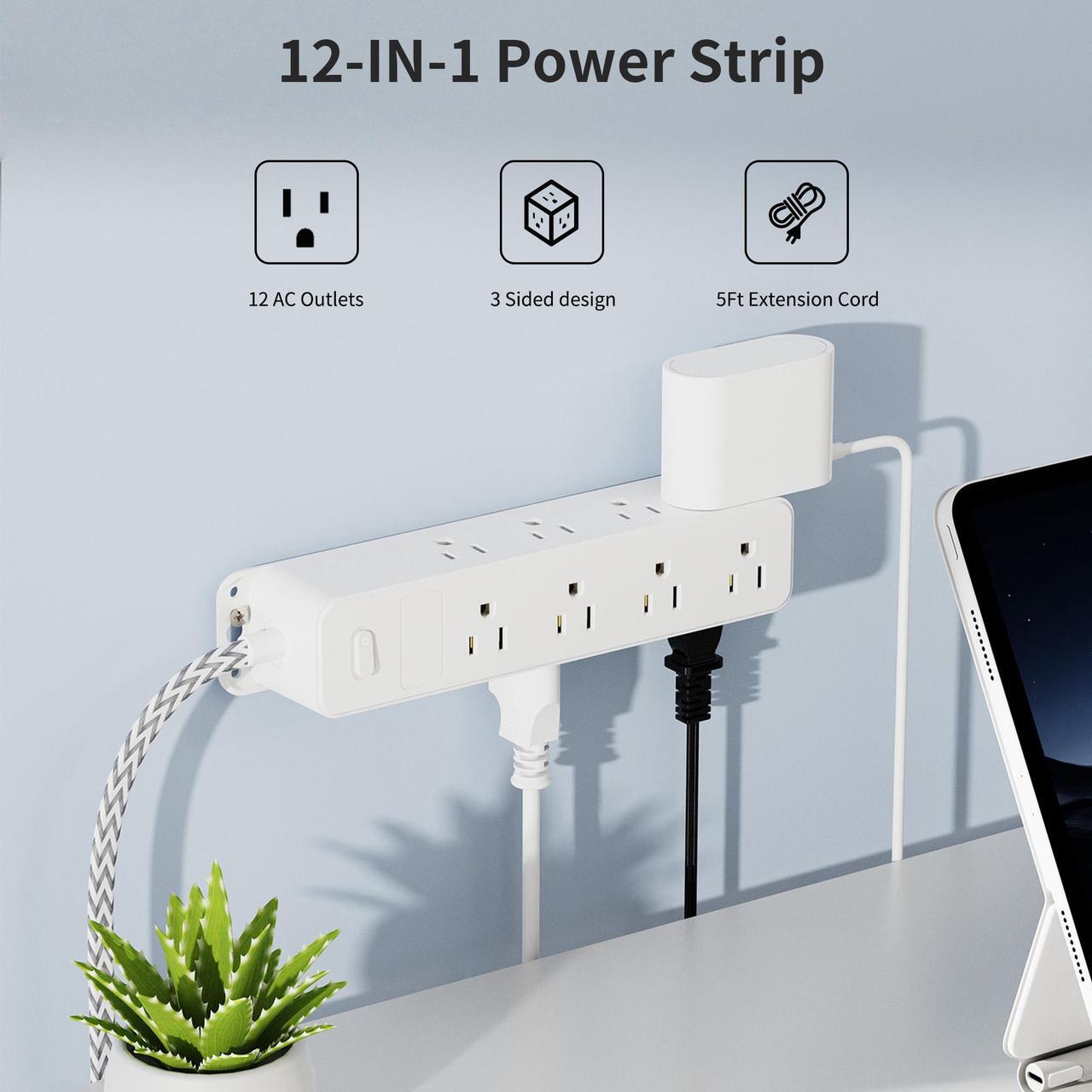 Alt view image 2 of 7 - HOPOW Surge Protector Power Strip, 5ft Braided Flat Plug Extension Cord, 12 AC Outlets, 3-Sided Surround Design, 1700 Joules Surge Protection, Home, Office, Dorm Room Essentials, White