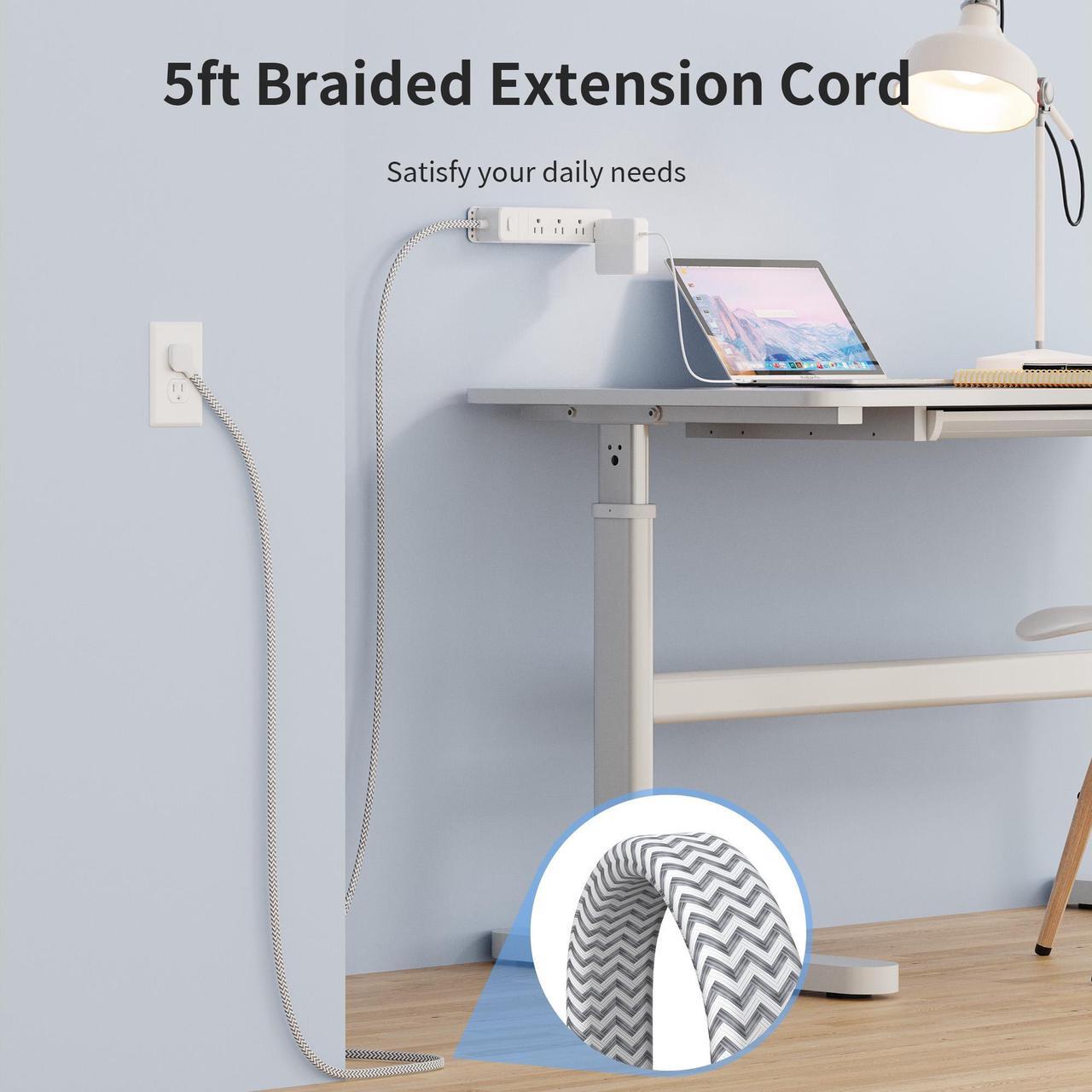 Alt view image 4 of 7 - HOPOW Surge Protector Power Strip, 5ft Braided Flat Plug Extension Cord, 12 AC Outlets, 3-Sided Surround Design, 1700 Joules Surge Protection, Home, Office, Dorm Room Essentials, White