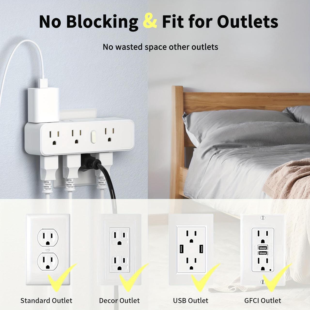 Alt view image 3 of 7 - HOPOW Surge Protector Outlet Splitter with 360° Rotating Plug, Multi Plug Wall Outlet Extender with 9 Outlets 4 USB Ports (2 USB-C), 2100 Joules, 3-Sided Power Strip for Home, Office, Travel, White