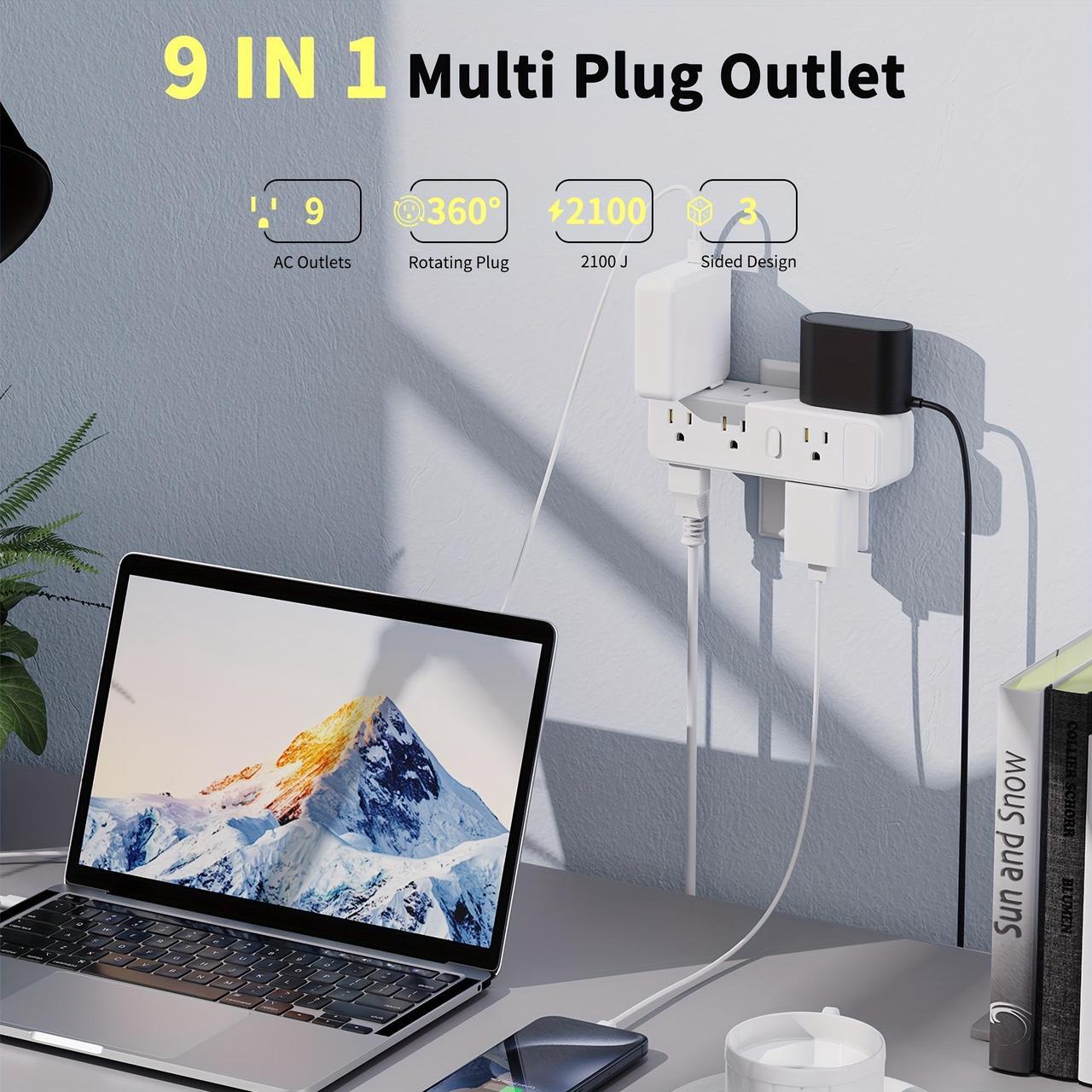Alt view image 2 of 7 - HOPOW Surge Protector Outlet Splitter with 360° Rotating Plug, Multi Plug Wall Outlet Extender with 9 Outlets 4 USB Ports (2 USB-C), 2100 Joules, 3-Sided Power Strip for Home, Office, Travel, White