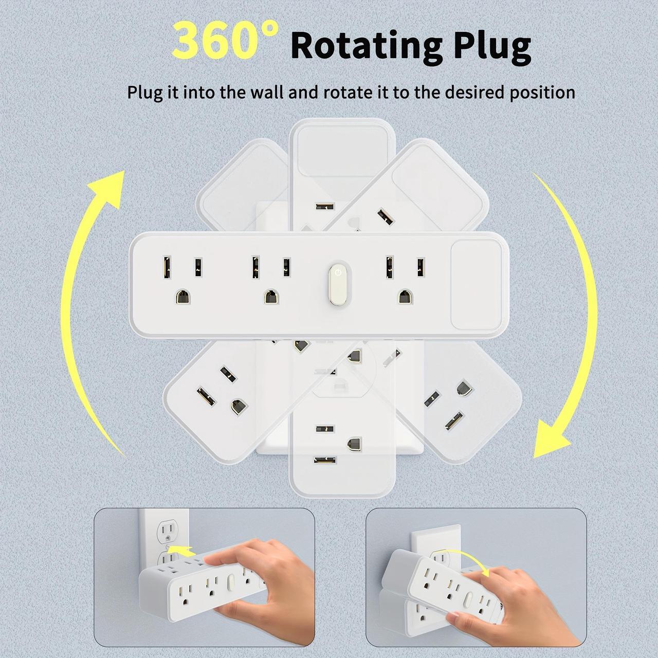 Alt view image 5 of 7 - HOPOW Surge Protector Outlet Splitter with 360° Rotating Plug, Multi Plug Wall Outlet Extender with 9 Outlets 4 USB Ports (2 USB-C), 2100 Joules, 3-Sided Power Strip for Home, Office, Travel, White