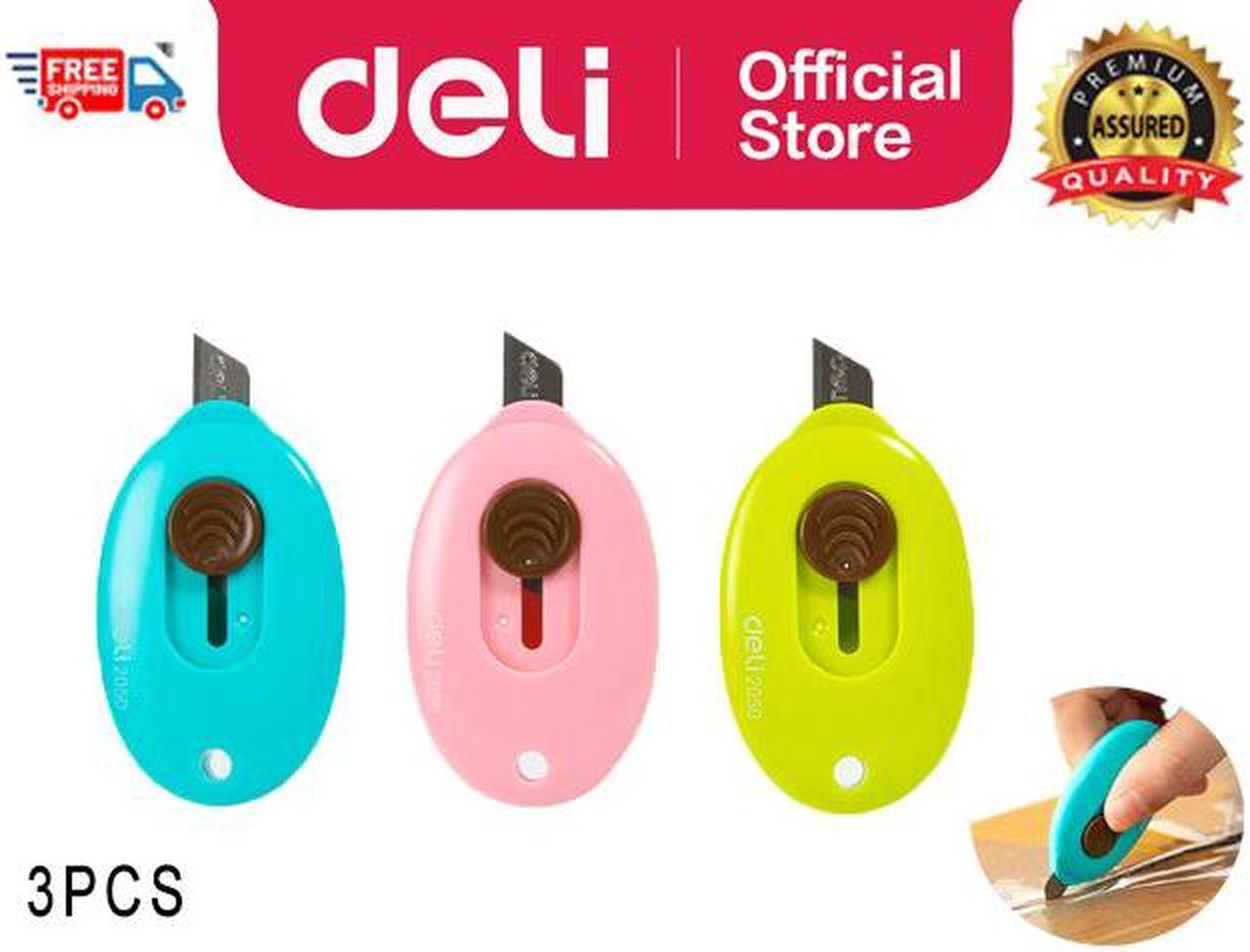 Main image of Deli 3 Pcs Mini Retractable Utility Knife Box Cutter Letter Opener Portable, Suitable for Cutting Envelopes(Pink,Blue,Green)