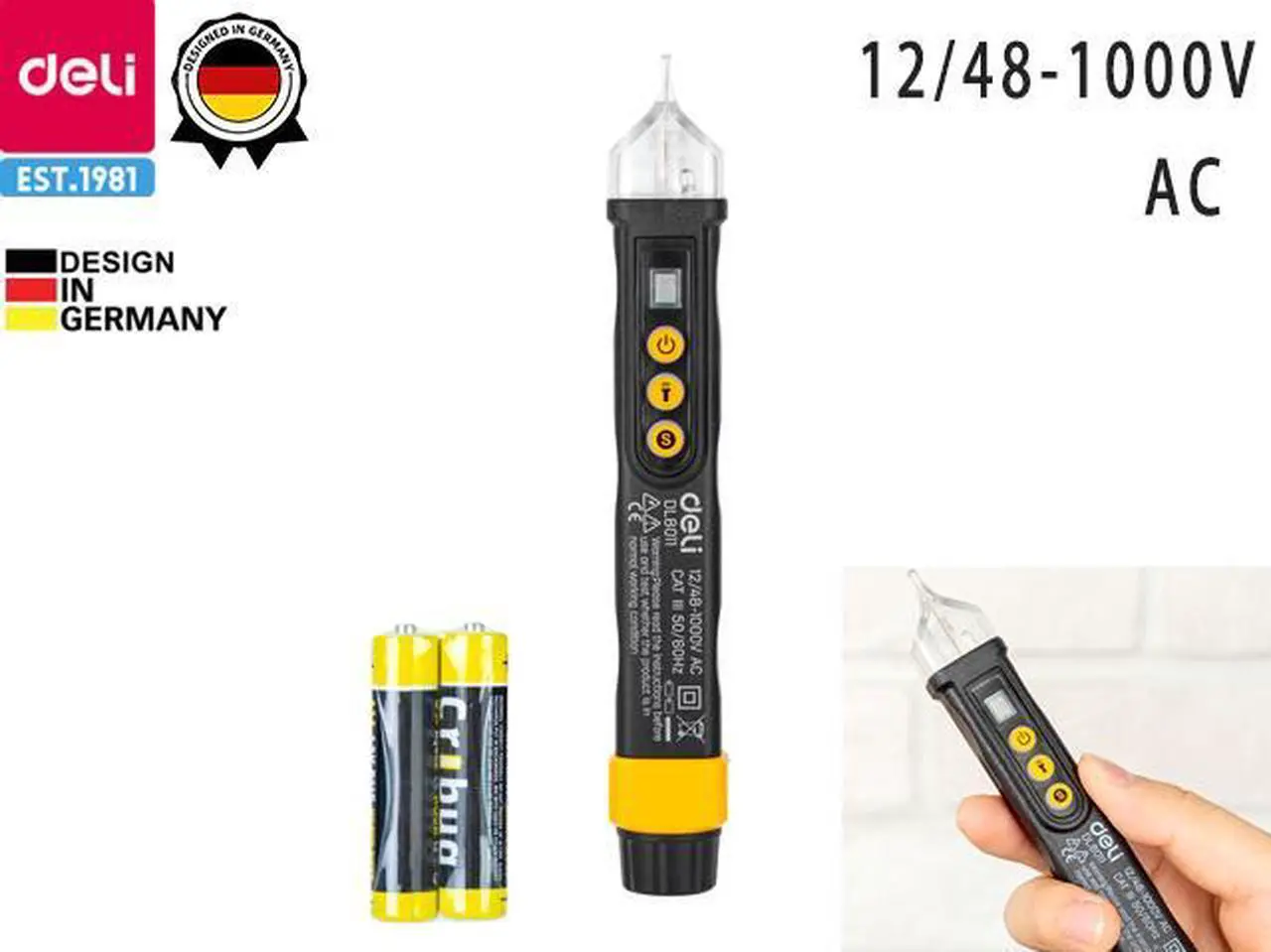 Main image of Deli Neoteck Non-Contact AC Voltage Tester Pen 12V-1000V/48V-1000V LED Flashlight,Buzzer Alarm,AC Voltage Detector Pen