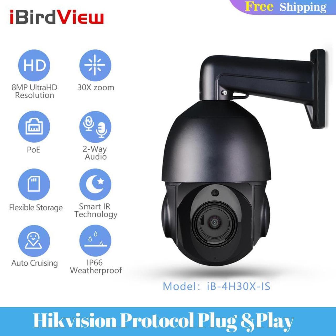 iBirdView8MP 4K POE PTZ Camera 30X Optical Zoom Security IP Camera Two-way intercom Outdoor Smart Detection Human Vehicle Security Network Camera Surveillance HD IR 80M Metal Shell Outdoor CCTV Camera