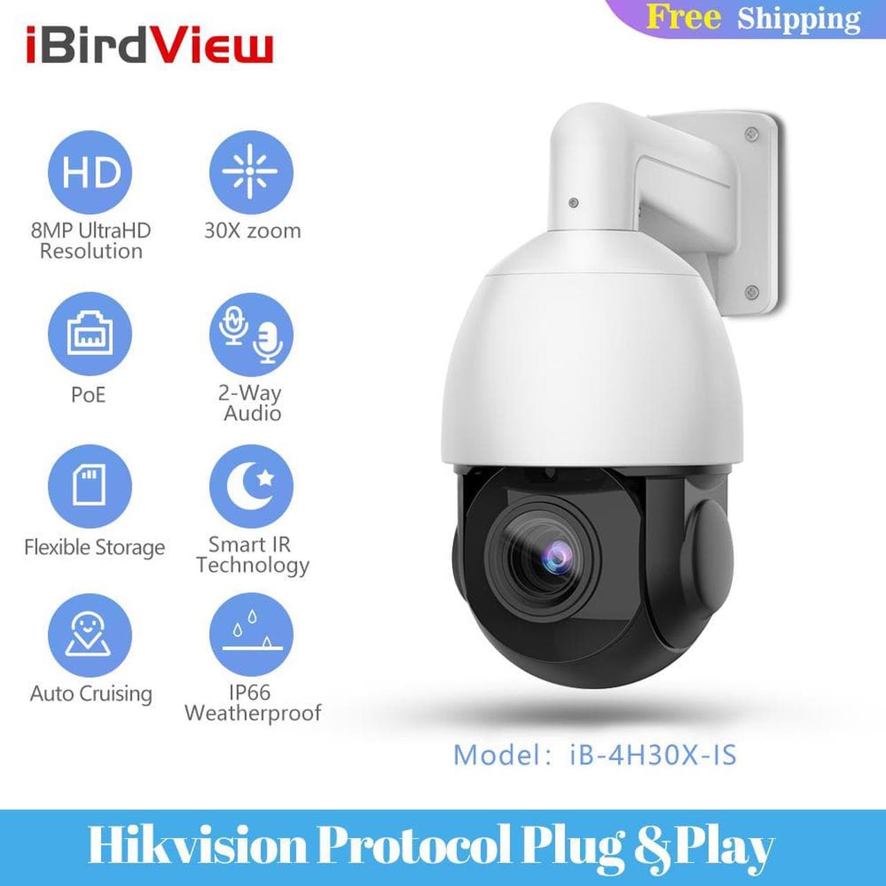 iBirdView 8MP 4K POE PTZ Camera 30X Optical Zoom Security IP Camera Two-way intercom Surveillanc HD IR 80M Metal Shell Outdoor CCTV Camera HikvisionCompatiable/Hikvision Protocol