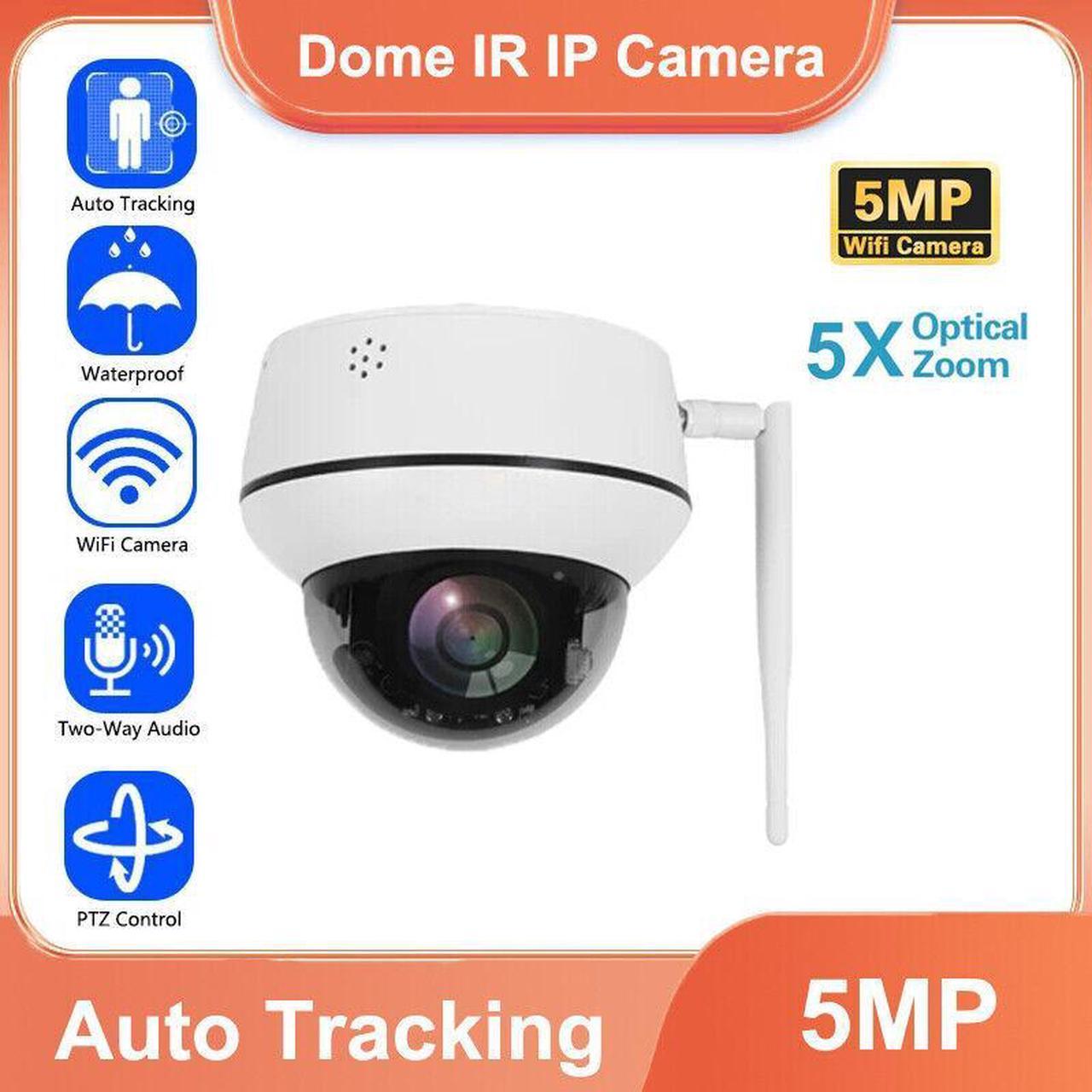 5MP 2.4G WIFI 5X Zoom PTZ Dome Security Camera 2-Way Audio IR 30m w/Card Slot