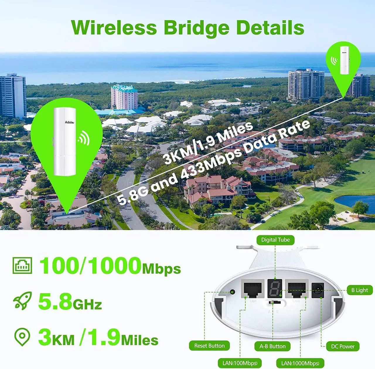 Alt view image 2 of 7 - Gigabit Wireless Bridge with Brackets,AdaLov Point to Point/Multipoint WiFi Bridges,Outdoor CPE with 100/1000Mbps LAN Port,5.8G 3KM High Speed Wireless Ethernet Bridge with 16dBi Directional Antenna