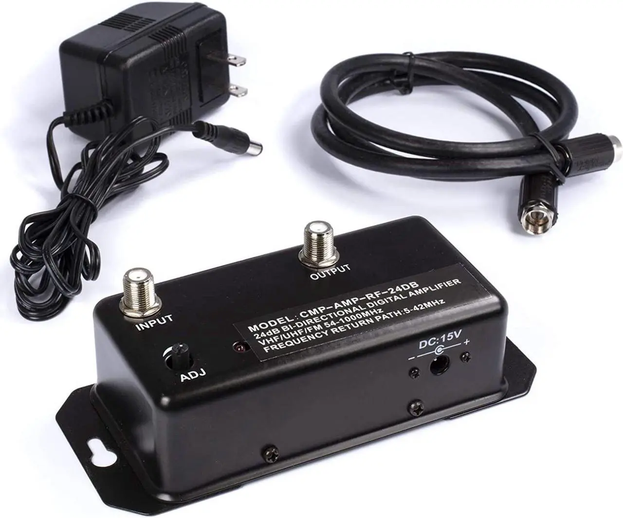 Main image of 24db Distribution Amplifier - Digital TV Antenna Booster Signal Amplifier, Adjustable Boost/Gain, NTSC, ATSC, FM, UHF, VHF - 1000 MHz - Includes RG6 Coaxial Cable