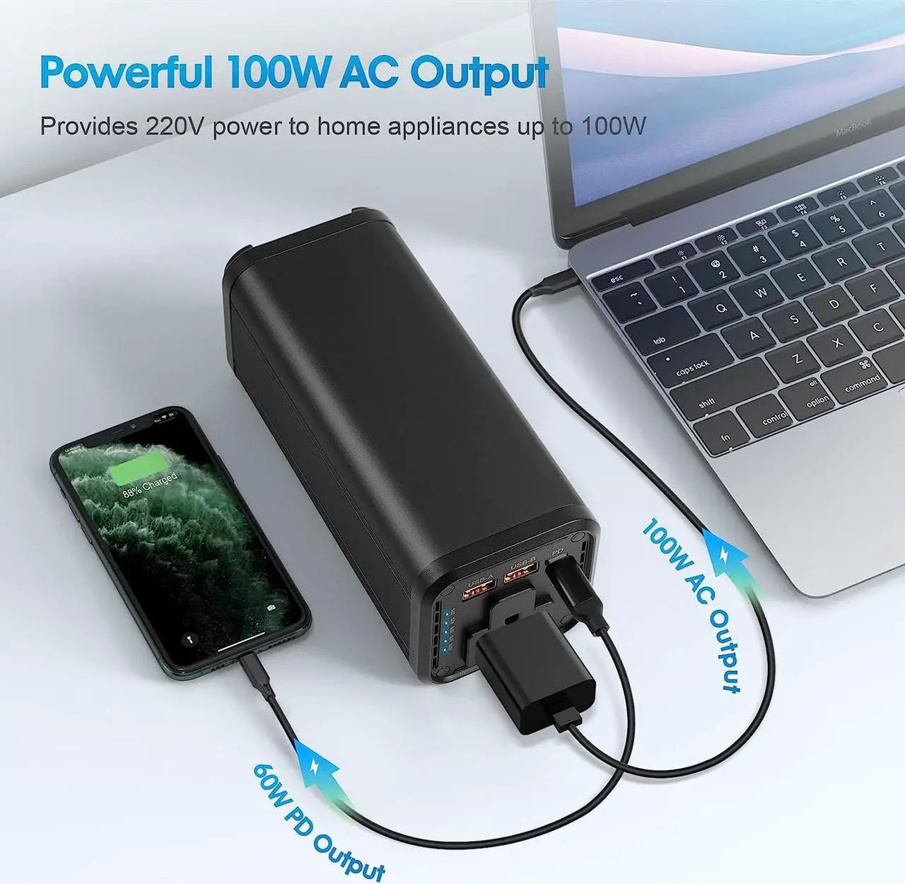 Alt view image 3 of 7 - Portable Laptop Power Bank, Universal 98Wh/27000mAh 100W AC Outlet with 60W PD USB C Portable Charger, External Battery Pack for MacBook, Notebooks, Laptops,N2