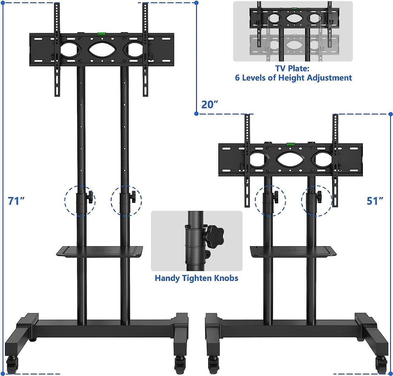 Alt view image 3 of 7 - Rfiver Mobile TV Stand Rolling Cart with Tilt Mount/Locking Wheels for 40-83 Inch Flat Screen/Curved TVs up to 110lbs, Portable Floor Stand with Laptop Shelf, Height Adjustable, Extra Tall