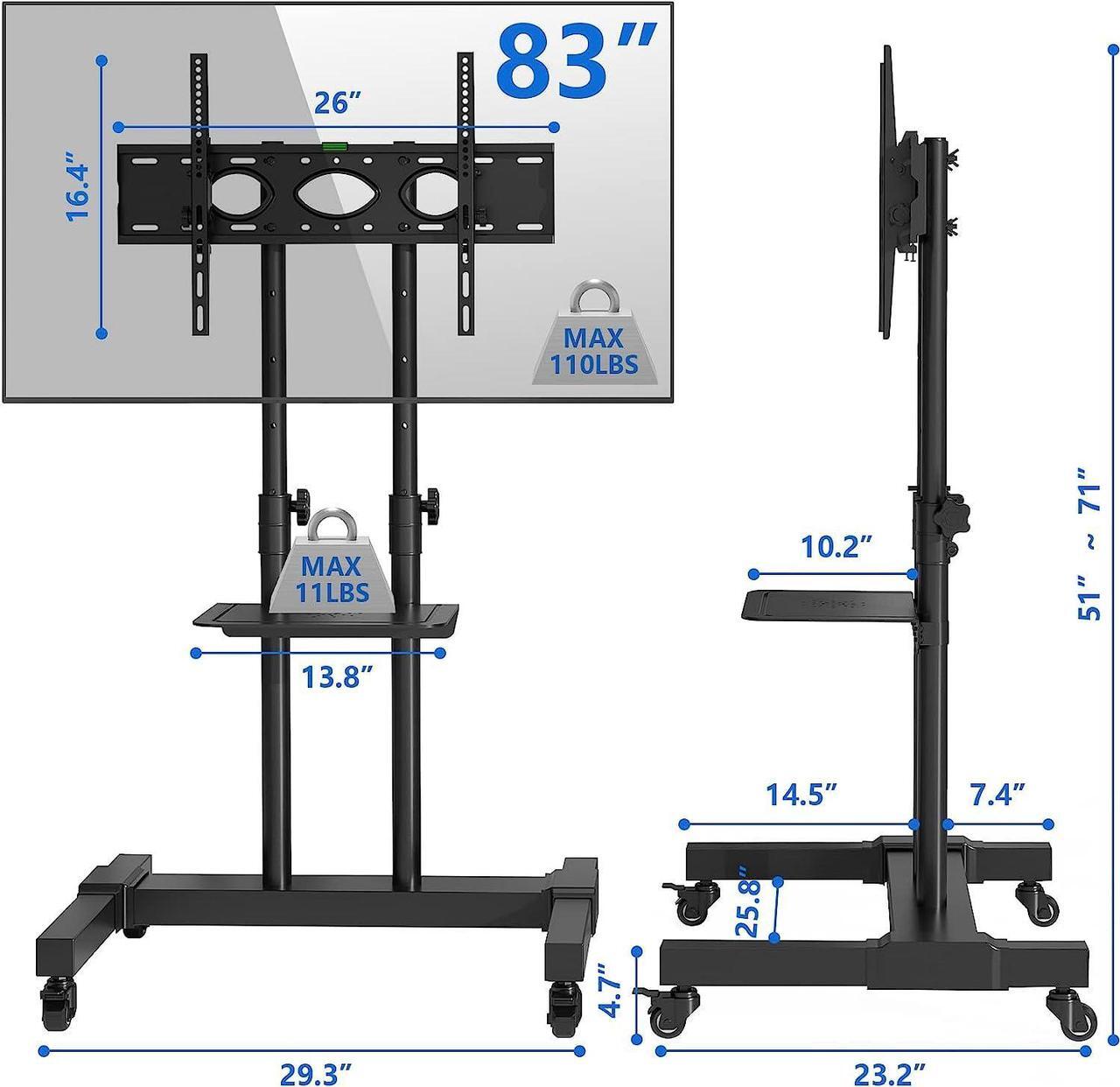 Alt view image 2 of 7 - Rfiver Mobile TV Stand Rolling Cart with Tilt Mount/Locking Wheels for 40-83 Inch Flat Screen/Curved TVs up to 110lbs, Portable Floor Stand with Laptop Shelf, Height Adjustable, Extra Tall
