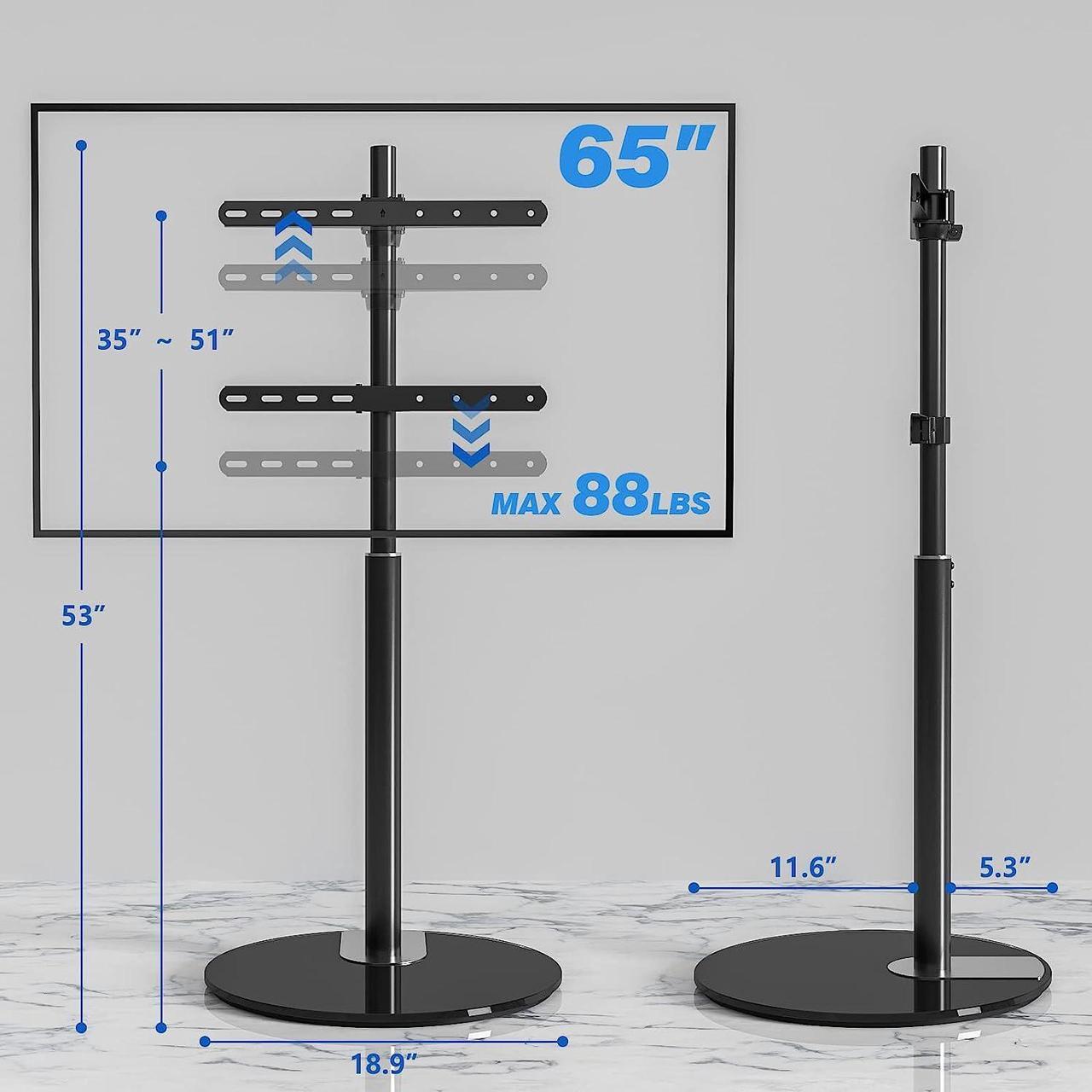 Alt view image 3 of 7 - Rfiver Swivel Floor TV Stand with 90 Degree Swivel for 32-65 inch LCD LED TV, Modern Simple Design Black Corner TV Floor Stand with Round Glass Base, VESA 400x400 mm