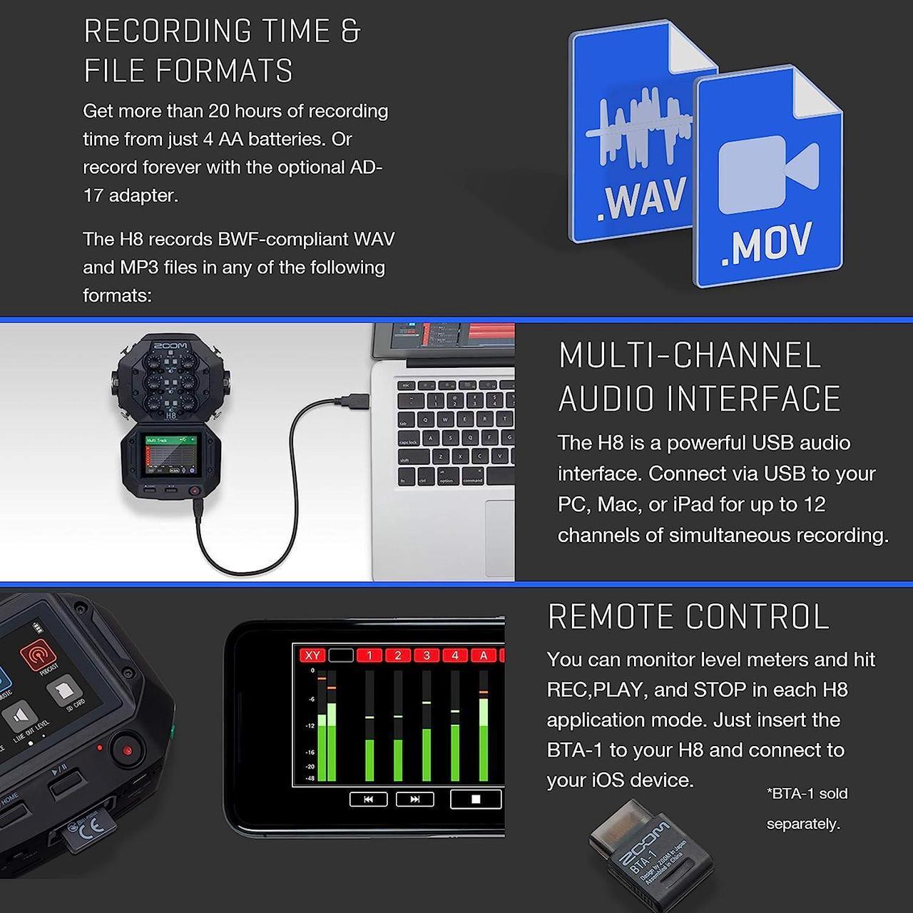 Alt view image 5 of 6 - Zoom H8 8-Input / 12-Track Portable Handy Recorder For Podcasting, Music, Field Recording + 128GB Memory Card + SD Card Reader + Table Tripod Hand Grip  Top Value Accessory Bundle