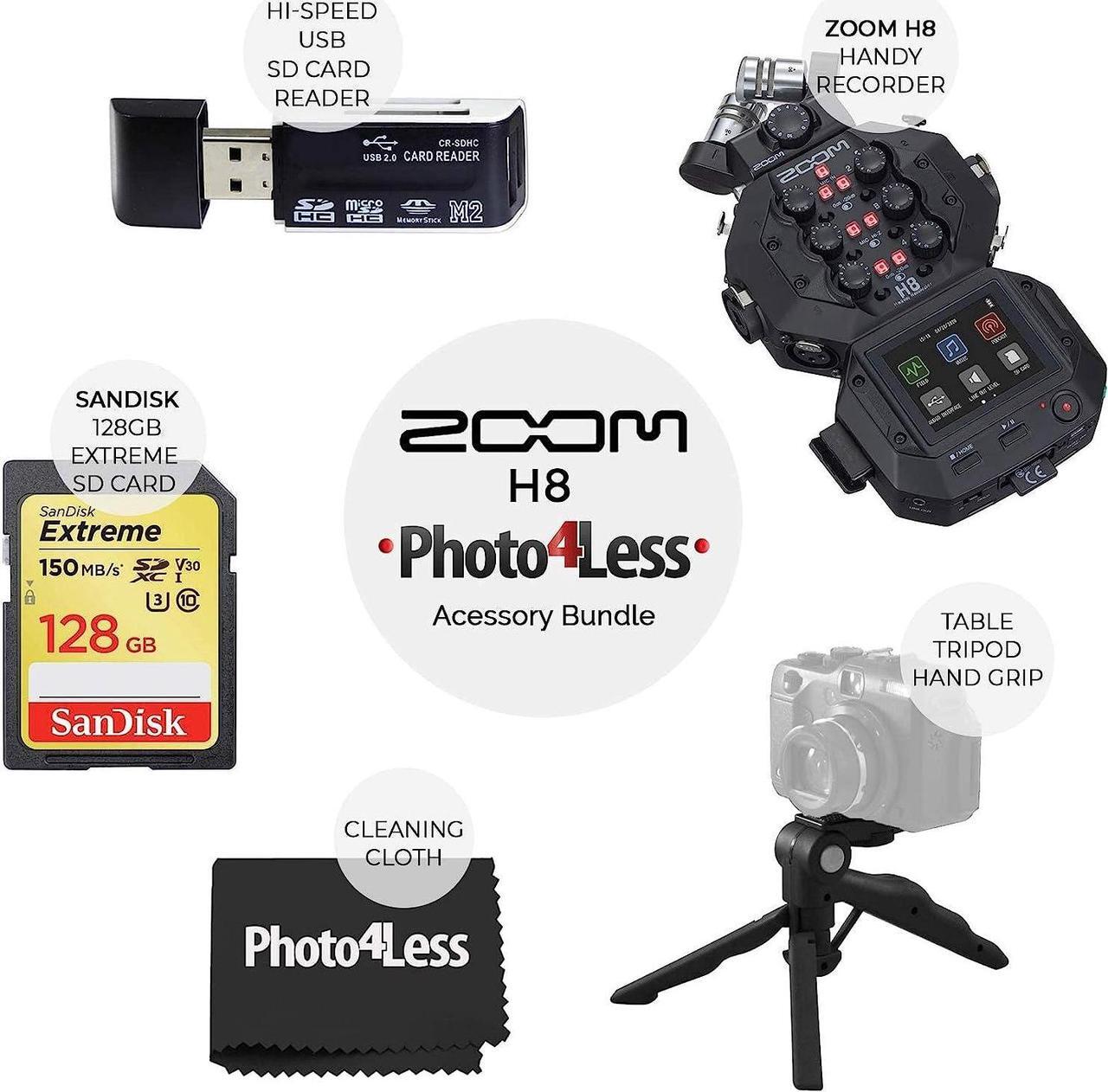 Alt view image 6 of 6 - Zoom H8 8-Input / 12-Track Portable Handy Recorder For Podcasting, Music, Field Recording + 128GB Memory Card + SD Card Reader + Table Tripod Hand Grip  Top Value Accessory Bundle
