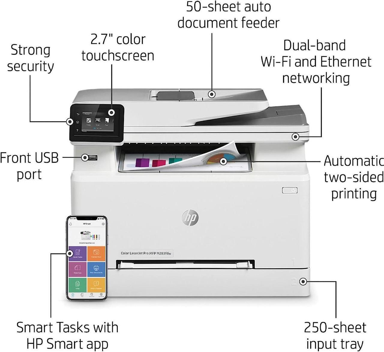 Alt view image 5 of 7 - HP Color LaserJet Pro M283fdw Wireless All-in-One Laser Printer, Remote Mobile Print, Scan & Copy, Duplex Printing, Works with Alexa (7KW75A), White