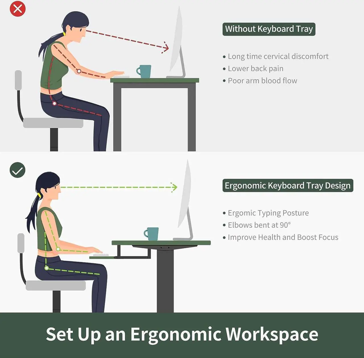 Alt view image 4 of 7 - FEZIBO 55-Inch Large Height Adjustable Electric Standing Desk with Keyboard Tray, 55 x 24 Inches Sit Stand up Desk with Splice Board, Black Frame/Black Top