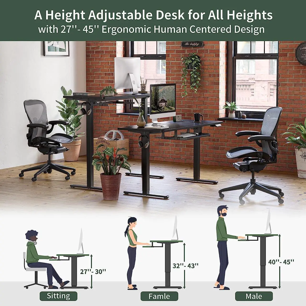 Alt view image 7 of 7 - FEZIBO 55-Inch Large Height Adjustable Electric Standing Desk with Keyboard Tray, 55 x 24 Inches Sit Stand up Desk with Splice Board, Black Frame/Black Top