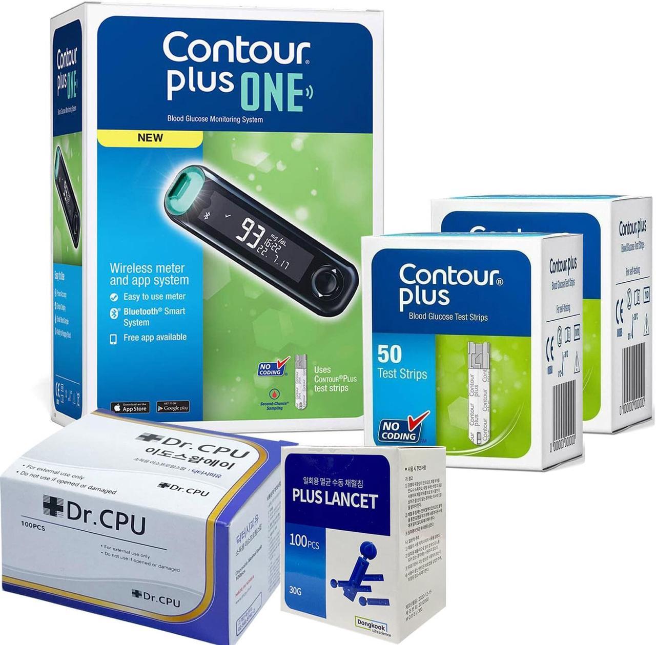 CONTOUR® PLUS ONE Blood Glucose Kit, Contour Plus One Meter, 100 Contour NEXT Blood Glucose Test Strips, 105 Lancets, 100 Disinfectant Cotton, Zipper bag present