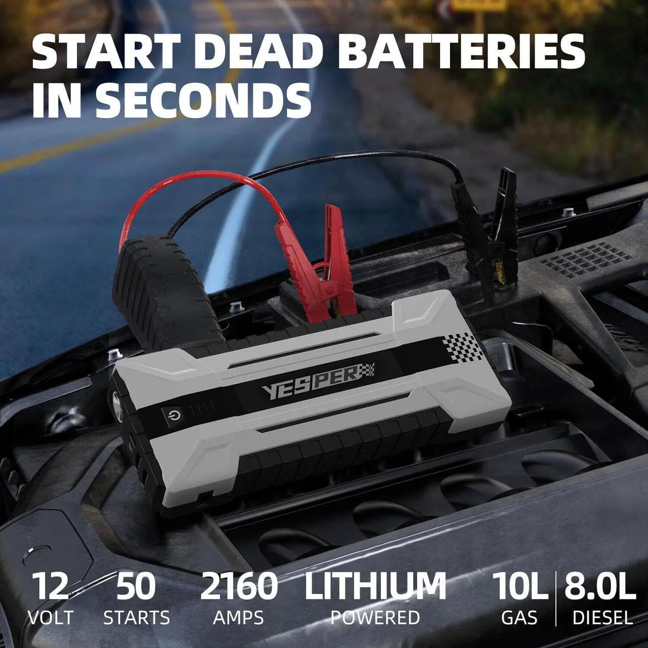 Alt view image 2 of 7 - YESPER 2160A Car Battery Jump Starter 16000mAh start 12V Vehicles up to 9.0L Gas and 7.0L Diesel Engine Portable Battery Pack