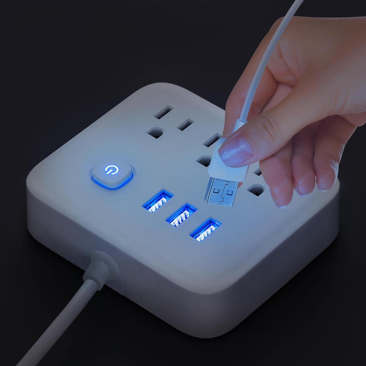 Alt view image 7 of 7 - BBJY 6 in 1 Power Strip With 3 USB Charging Ports & 3AC Outlets with USB Port Lights, Small Size Plug Strip Compact Power Board with Independent Current Controlled Switch