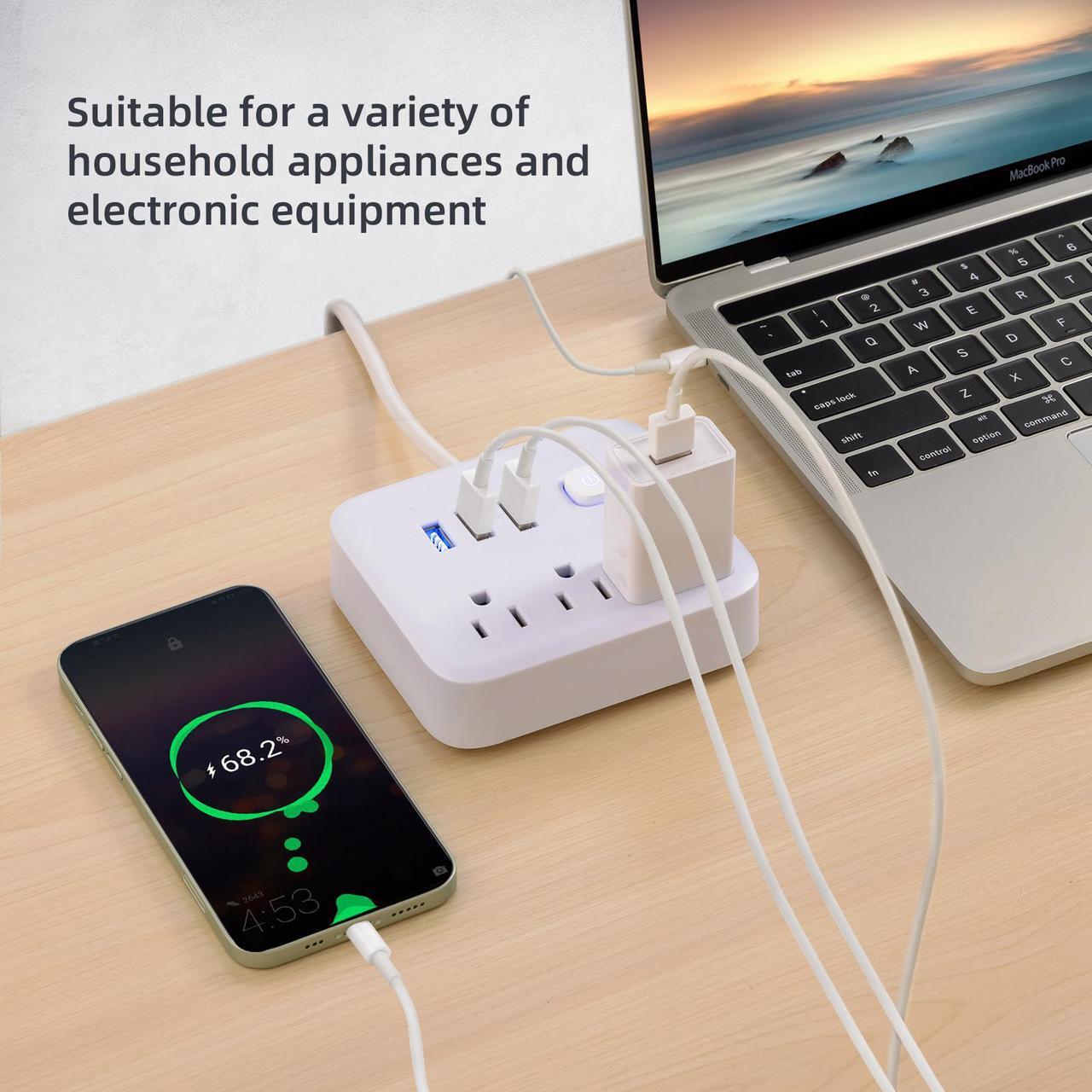 Alt view image 2 of 7 - BBJY 6 in 1 Power Strip With 3 USB Charging Ports & 3AC Outlets with USB Port Lights, Small Size Plug Strip Compact Power Board with Independent Current Controlled Switch