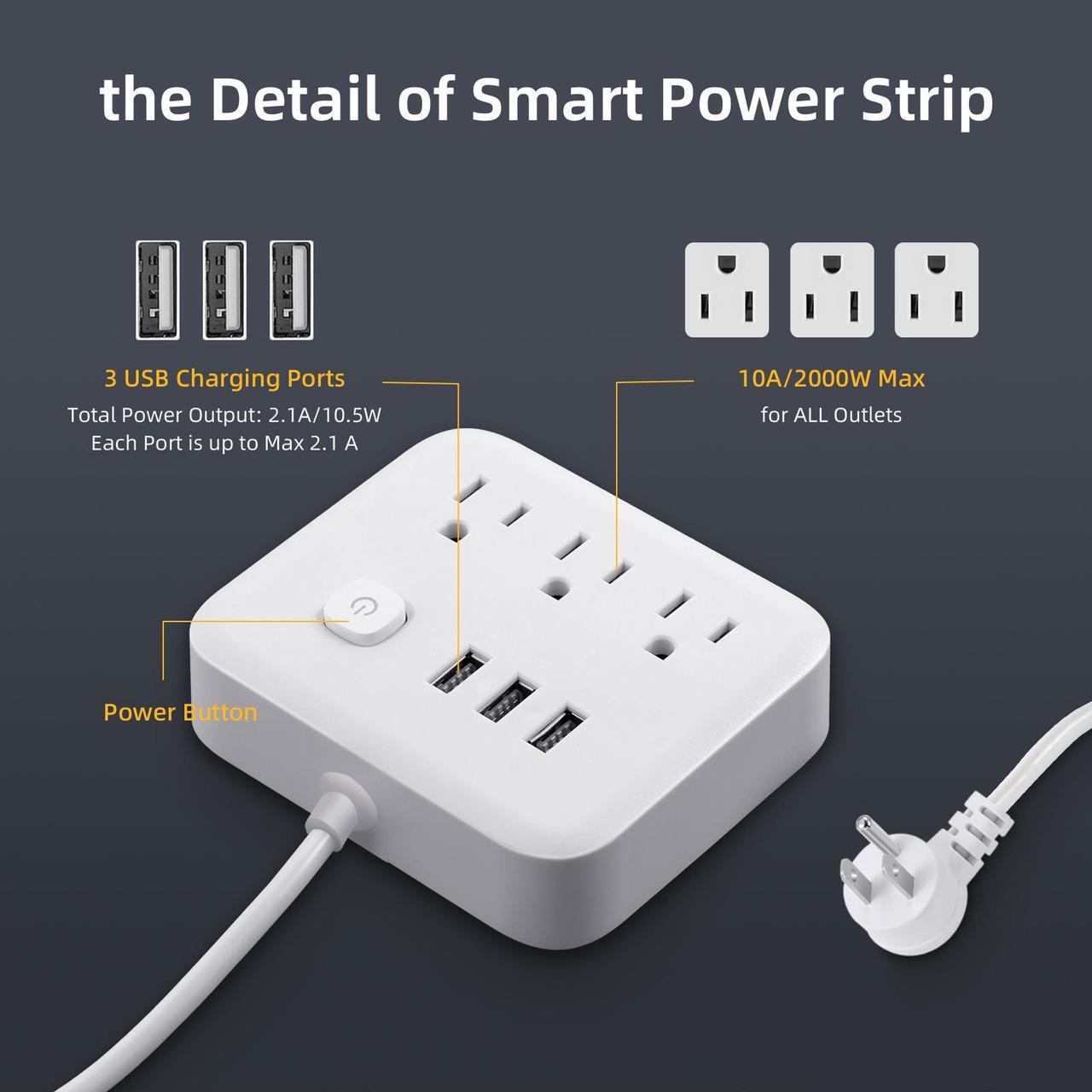 Alt view image 4 of 7 - BBJY 6 in 1 Power Strip With 3 USB Charging Ports & 3AC Outlets with USB Port Lights, Small Size Plug Strip Compact Power Board with Independent Current Controlled Switch