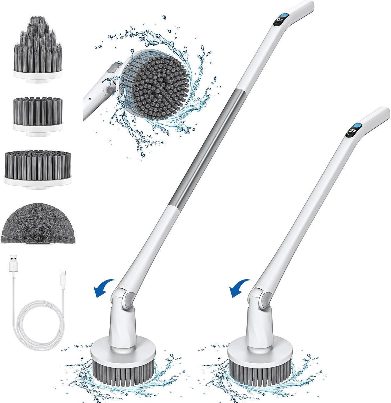 electric spin scrubber - 360 cordless powerful scrub brush for cleaning bathroom, tile, floor, tub and shower with adjustable extension handle and 3 replaceable rotating brush heads (white)