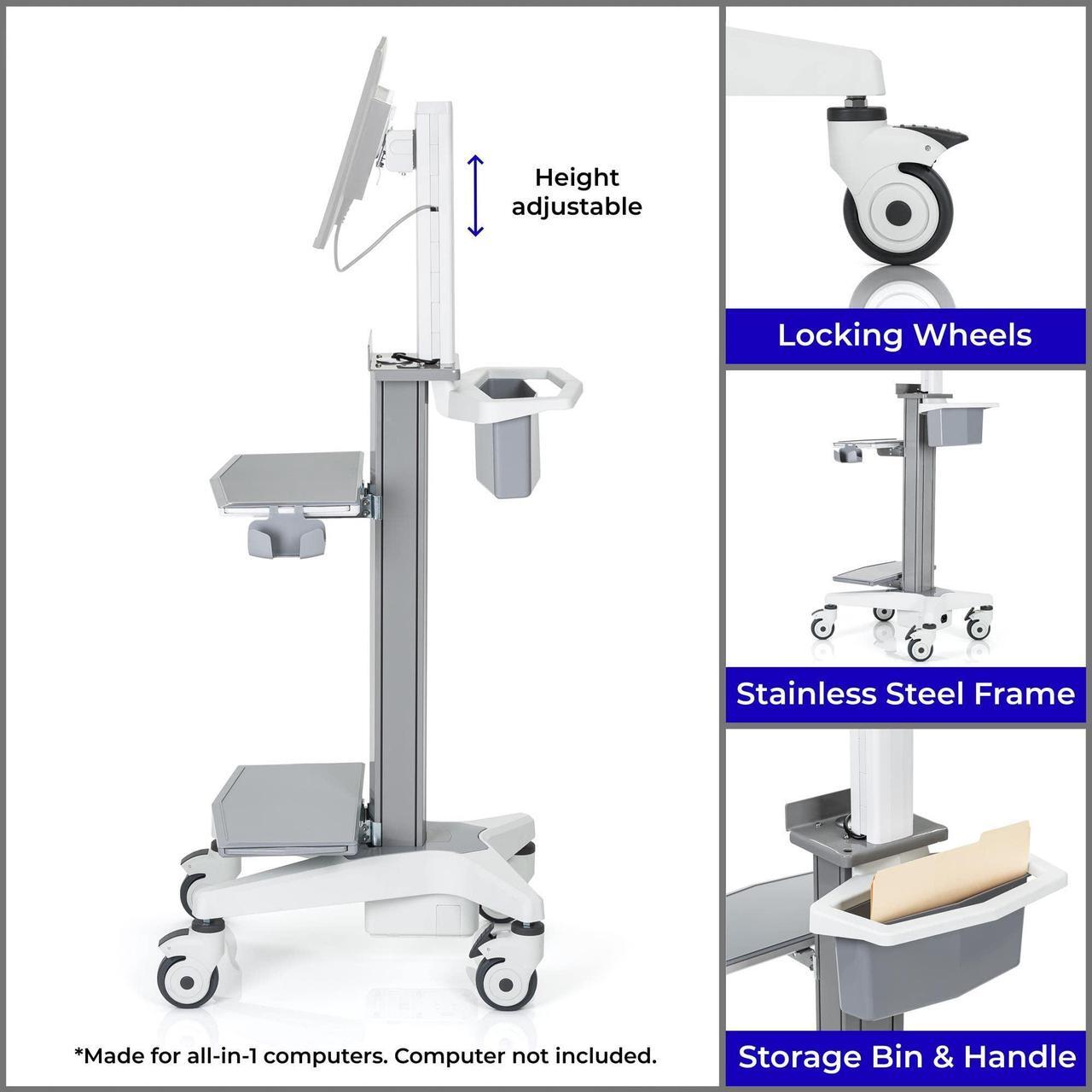 Alt view image 3 of 7 - Stand Steady Medical Computer Cart for All-in-One Computers | Height Adjustable Medical Cart for Centralized Patient Reporting | Stainless Steel VESA-Compatible Mobile Computer Cart with Wheels