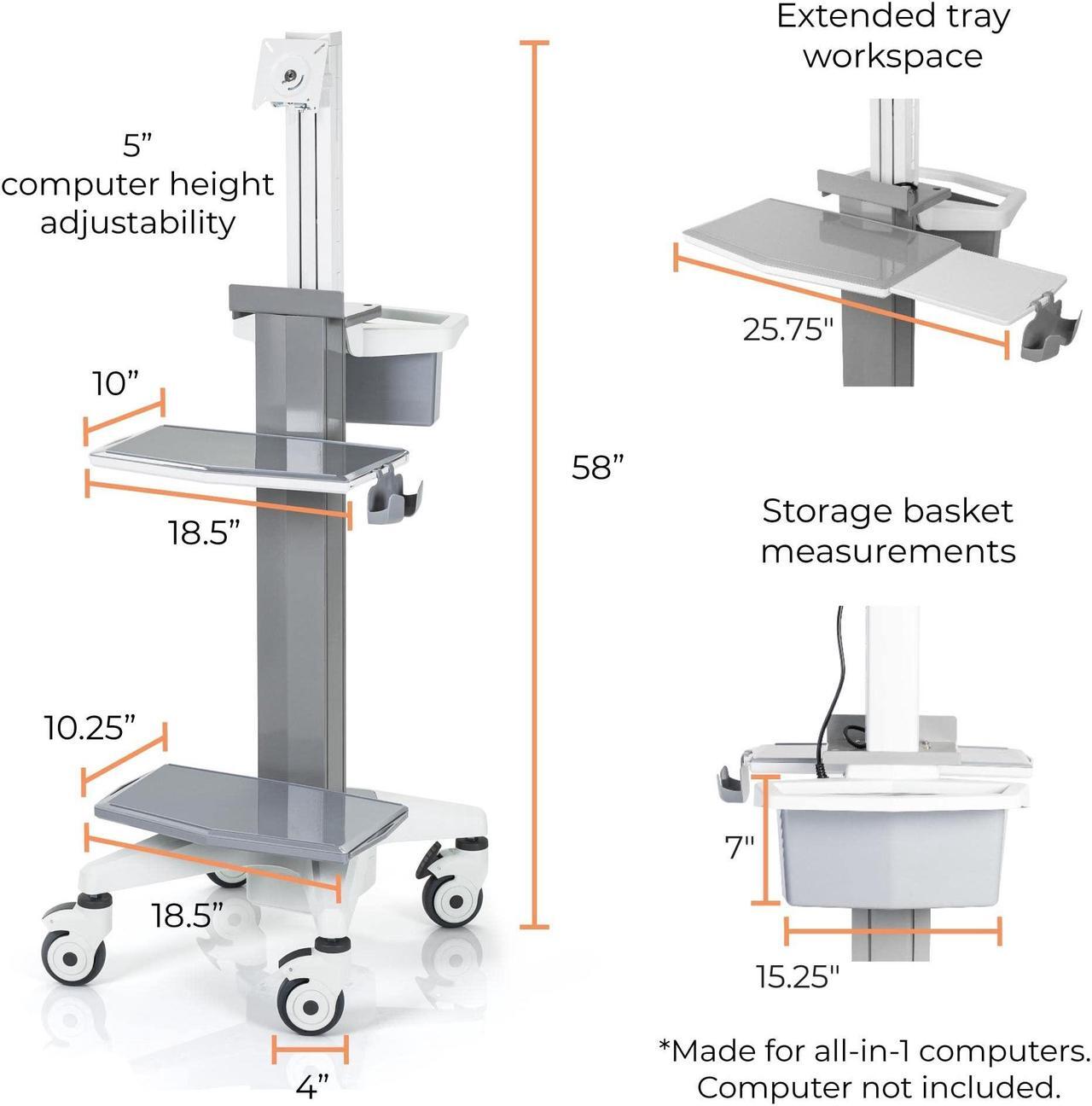 Alt view image 6 of 7 - Stand Steady Medical Computer Cart for All-in-One Computers | Height Adjustable Medical Cart for Centralized Patient Reporting | Stainless Steel VESA-Compatible Mobile Computer Cart with Wheels