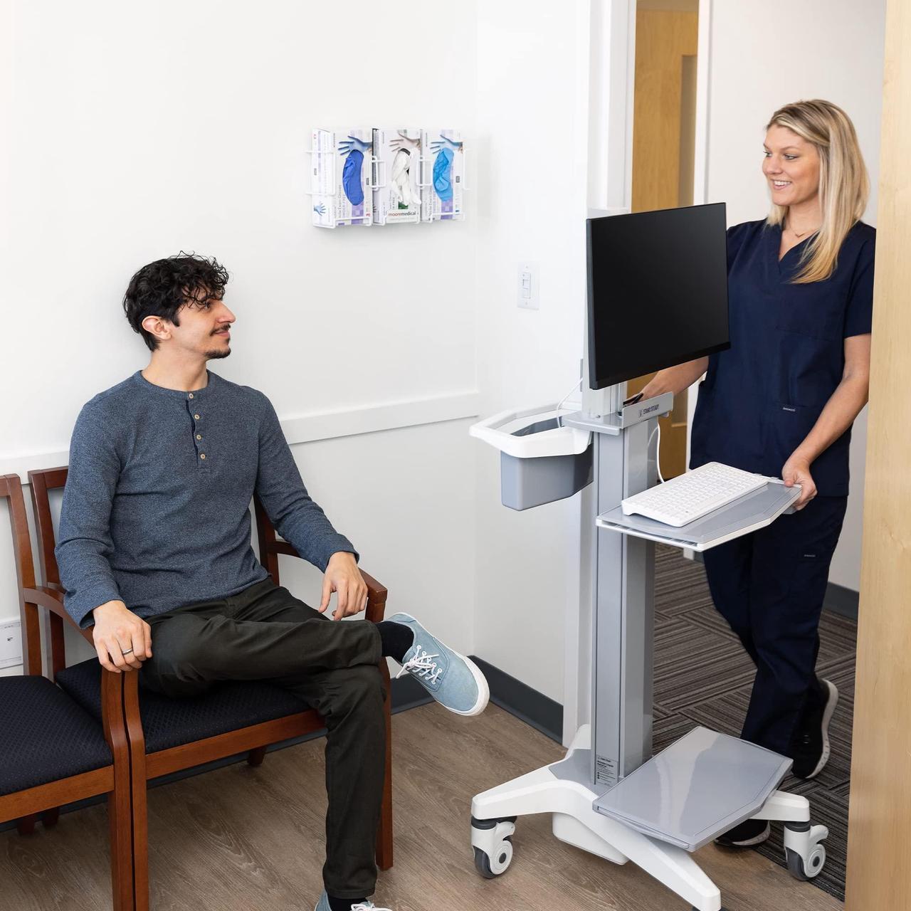 Alt view image 7 of 7 - Stand Steady Medical Computer Cart for All-in-One Computers | Height Adjustable Medical Cart for Centralized Patient Reporting | Stainless Steel VESA-Compatible Mobile Computer Cart with Wheels