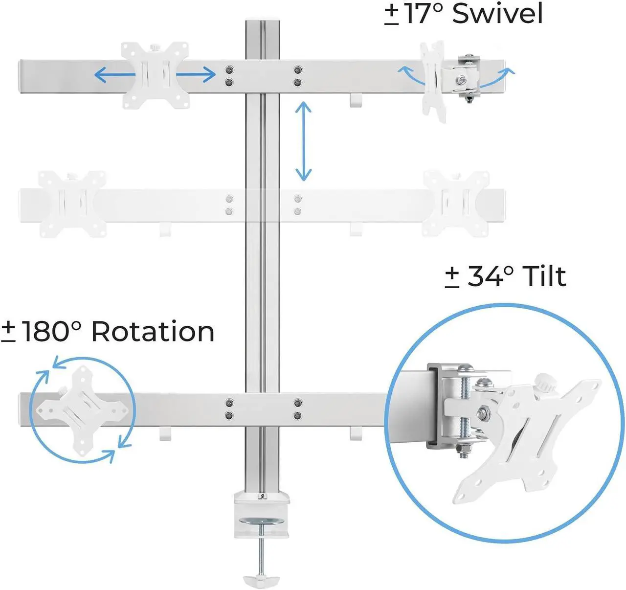 Alt view image 3 of 8 - Stand Steady 4 Monitor Mount Desk Setup - Heavy-Duty Height Adjustable Monitor Stand, Swivel Arm with Clamp-On Base, Four Screen VESA Mount Fits Most LCD/LED Monitors 17-32 in. (Silver, 4 Mounts)