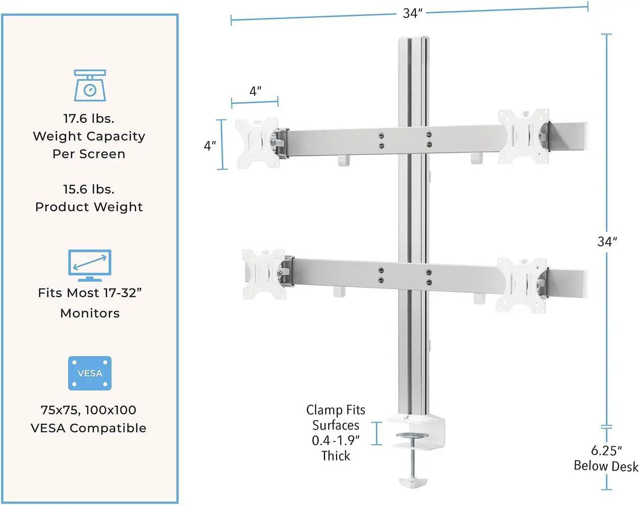 Alt view image 6 of 8 - Stand Steady 4 Monitor Mount Desk Setup - Heavy-Duty Height Adjustable Monitor Stand, Swivel Arm with Clamp-On Base, Four Screen VESA Mount Fits Most LCD/LED Monitors 17-32 in. (Silver, 4 Mounts)