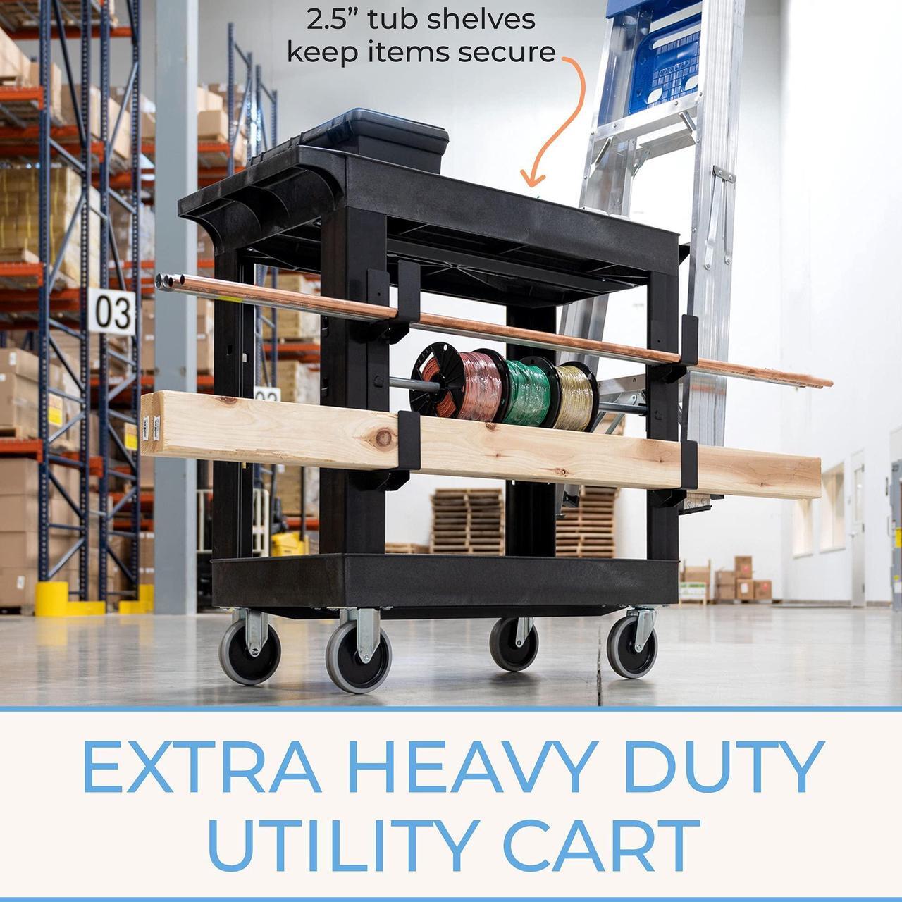 Alt view image 2 of 7 - Stand Steady Tubstr 2 Shelf Utility Cart | Heavy Duty Service Cart Holds 400 lbs | Adjustable Storage Hooks, Ladder & Spool Holders | Tub Cart for Warehouse, Garage, & School (32" x 18" / Black)