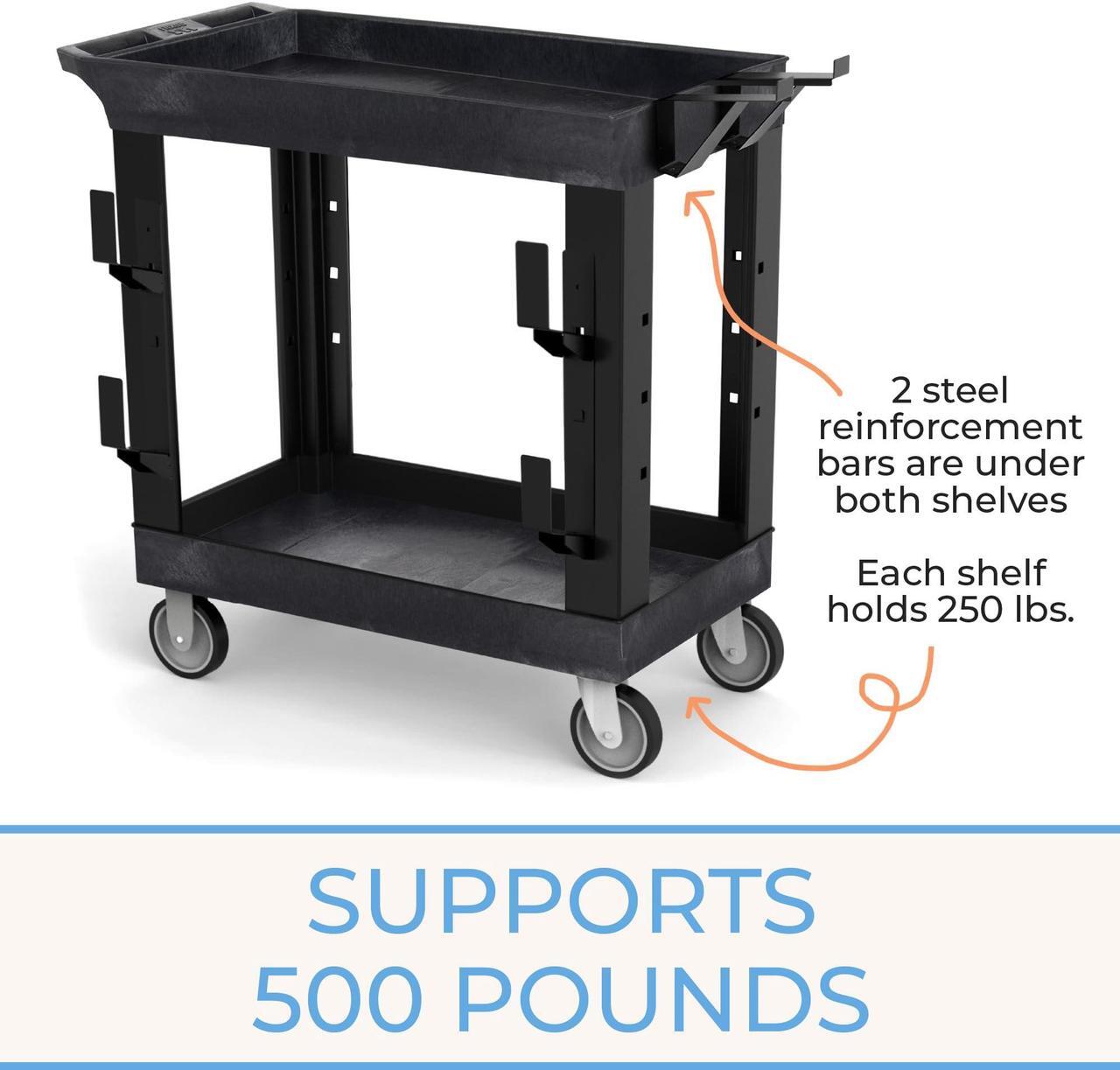Alt view image 3 of 7 - Stand Steady Tubstr 2 Shelf Utility Cart | Heavy Duty Service Cart Holds 400 lbs | Adjustable Storage Hooks, Ladder & Spool Holders | Tub Cart for Warehouse, Garage, & School (32" x 18" / Black)