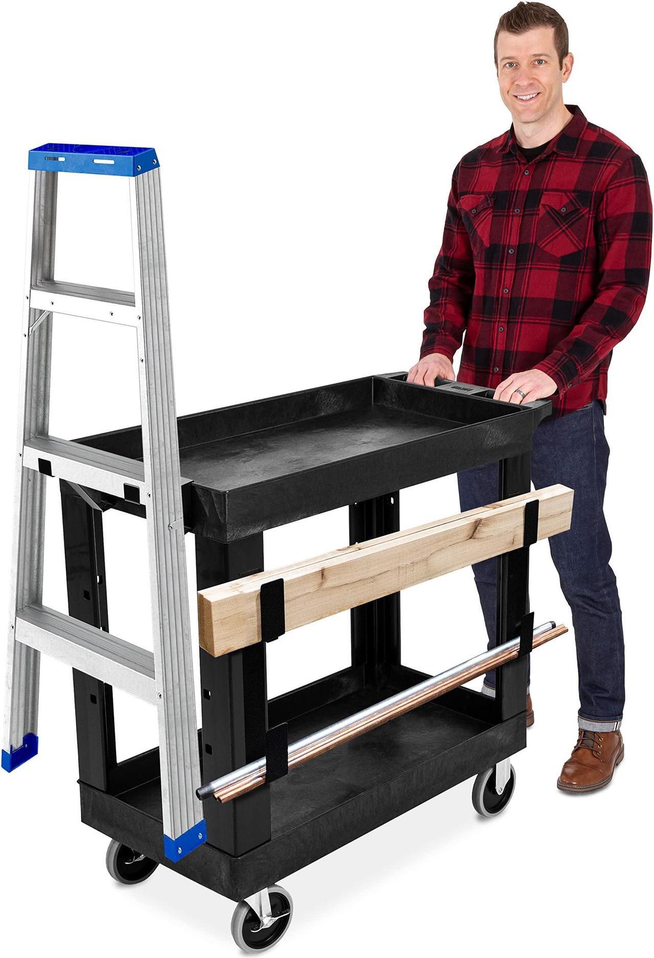 Main image of Stand Steady Tubstr 2 Shelf Utility Cart | Heavy Duty Service Cart Holds 400 lbs | Adjustable Storage Hooks, Ladder & Spool Holders | Tub Cart for Warehouse, Garage, & School (32" x 18" / Black)