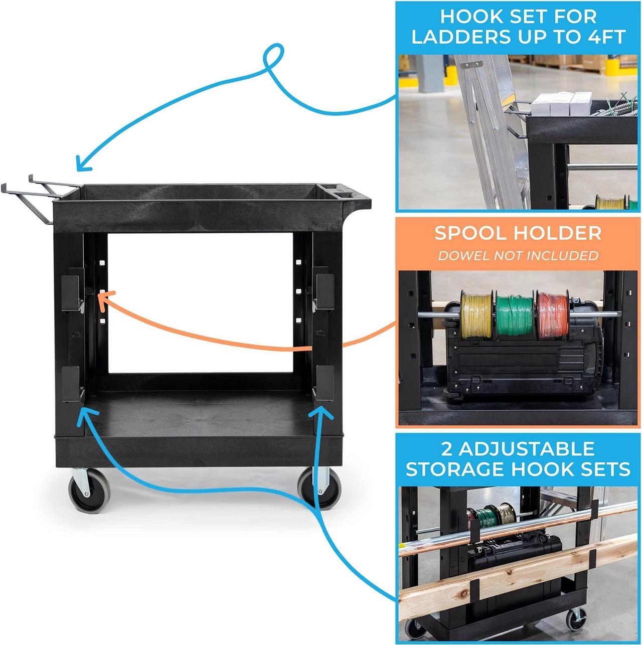 Alt view image 4 of 7 - Stand Steady Tubstr 2 Shelf Utility Cart | Heavy Duty Service Cart Holds 400 lbs | Adjustable Storage Hooks, Ladder & Spool Holders | Tub Cart for Warehouse, Garage, & School (32" x 18" / Black)