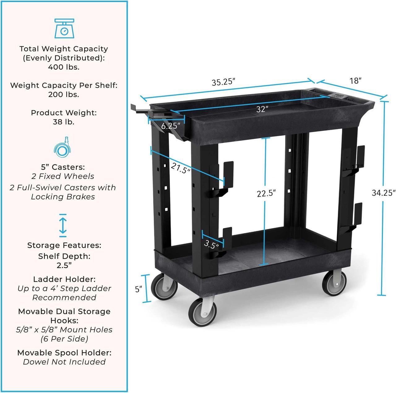 Alt view image 5 of 7 - Stand Steady Tubstr 2 Shelf Utility Cart | Heavy Duty Service Cart Holds 400 lbs | Adjustable Storage Hooks, Ladder & Spool Holders | Tub Cart for Warehouse, Garage, & School (32" x 18" / Black)