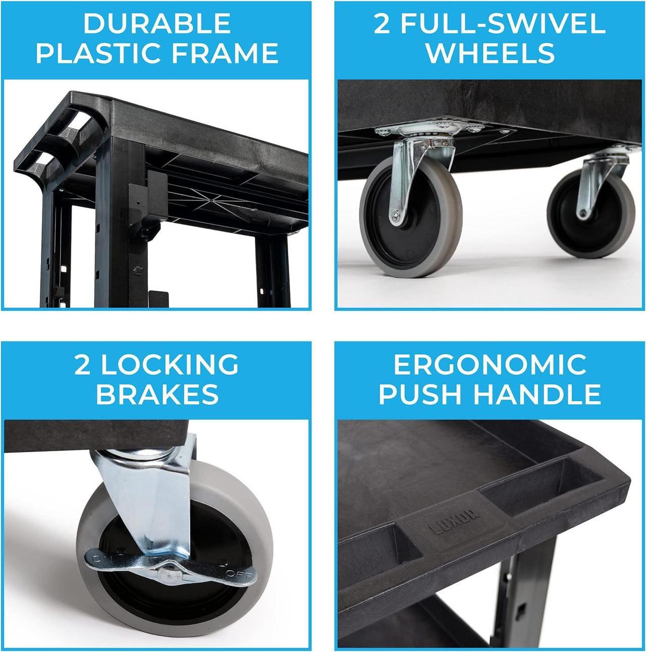 Alt view image 6 of 7 - Stand Steady Tubstr 2 Shelf Utility Cart | Heavy Duty Service Cart Holds 400 lbs | Adjustable Storage Hooks, Ladder & Spool Holders | Tub Cart for Warehouse, Garage, & School (32" x 18" / Black)
