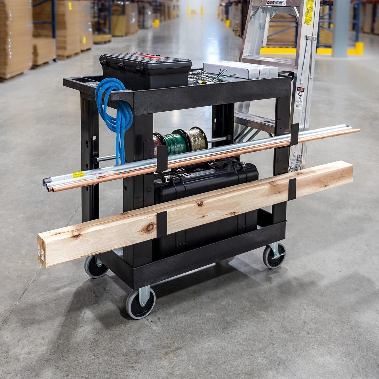 Alt view image 7 of 7 - Stand Steady Tubstr 2 Shelf Utility Cart | Heavy Duty Service Cart Holds 400 lbs | Adjustable Storage Hooks, Ladder & Spool Holders | Tub Cart for Warehouse, Garage, & School (32" x 18" / Black)