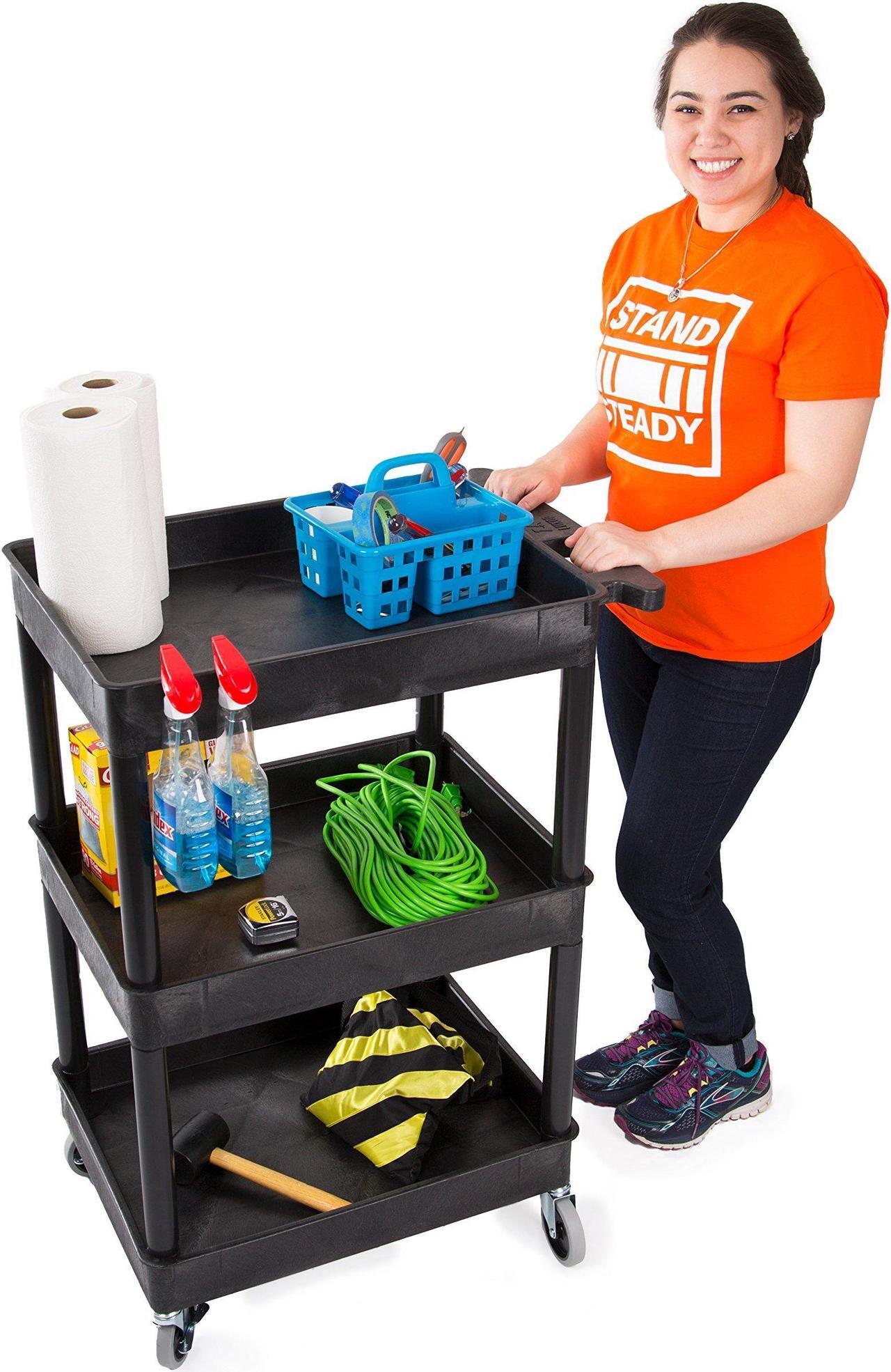 Main image of Tubstr Compact 3 Shelf Utility Cart | Heavy Duty Service Cart Supports up to 300 lbs! | Tub Cart with Deep Shelves | Great for Warehouse, Garage, Cleaning & More (3 Shelf/Black / 24 x 18)
