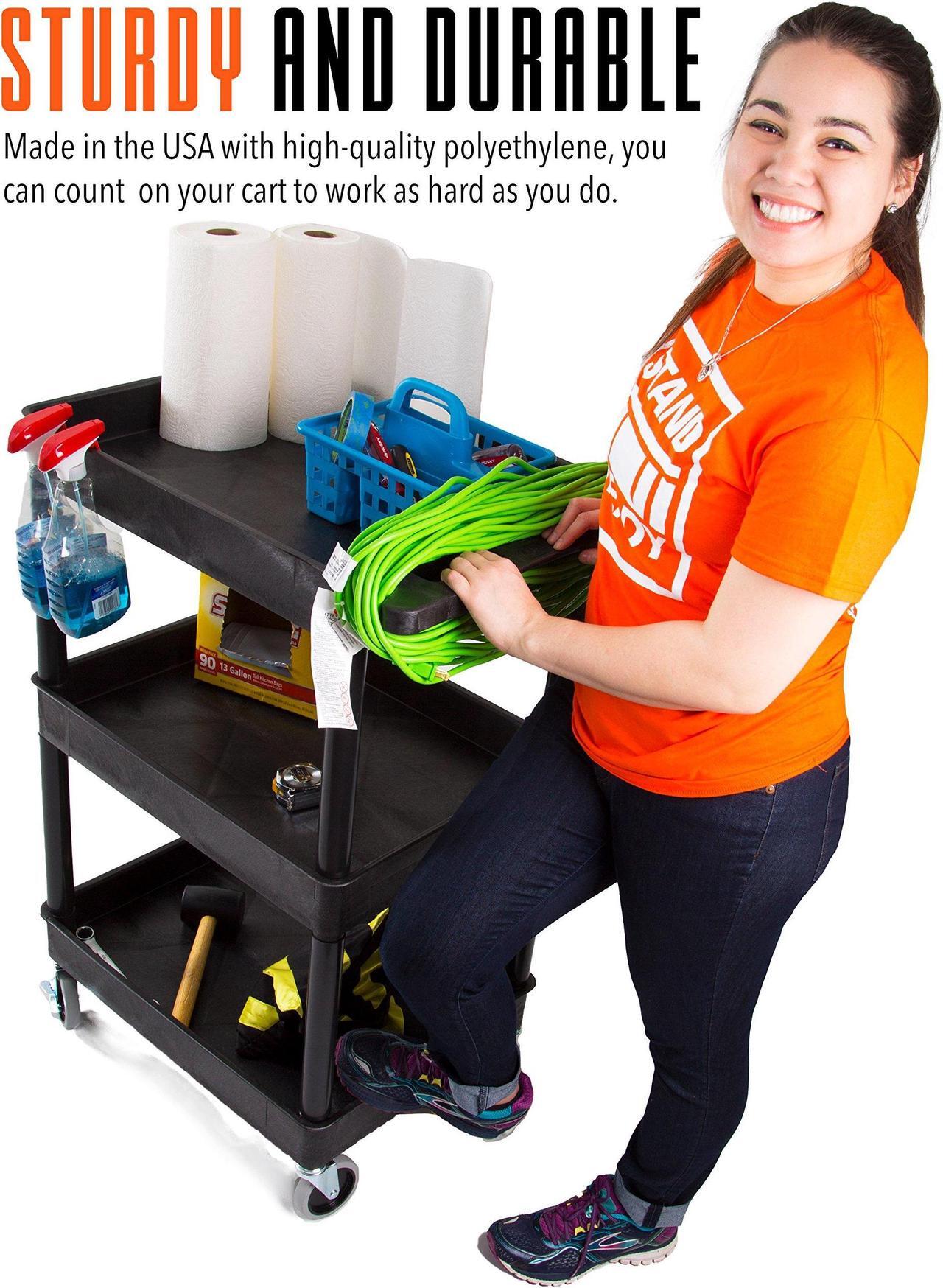 Alt view image 3 of 7 - Tubstr Compact 3 Shelf Utility Cart | Heavy Duty Service Cart Supports up to 300 lbs! | Tub Cart with Deep Shelves | Great for Warehouse, Garage, Cleaning & More (3 Shelf/Black / 24 x 18)