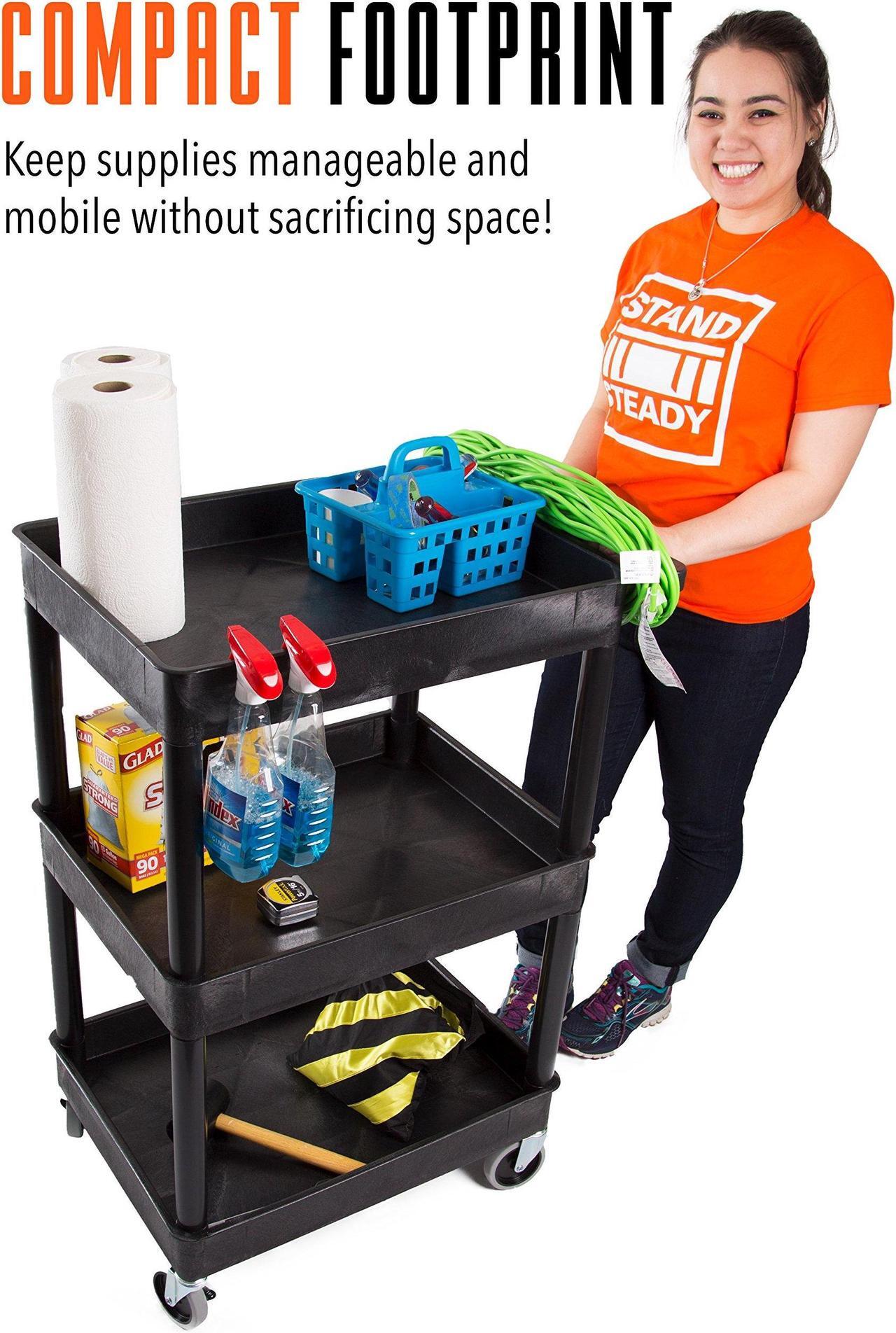 Alt view image 4 of 7 - Tubstr Compact 3 Shelf Utility Cart | Heavy Duty Service Cart Supports up to 300 lbs! | Tub Cart with Deep Shelves | Great for Warehouse, Garage, Cleaning & More (3 Shelf/Black / 24 x 18)