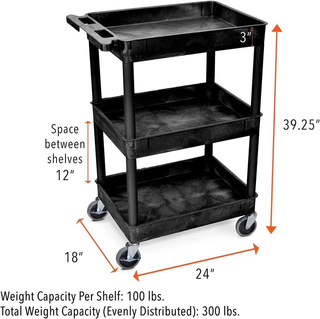 Alt view image 5 of 7 - Tubstr Compact 3 Shelf Utility Cart | Heavy Duty Service Cart Supports up to 300 lbs! | Tub Cart with Deep Shelves | Great for Warehouse, Garage, Cleaning & More (3 Shelf/Black / 24 x 18)