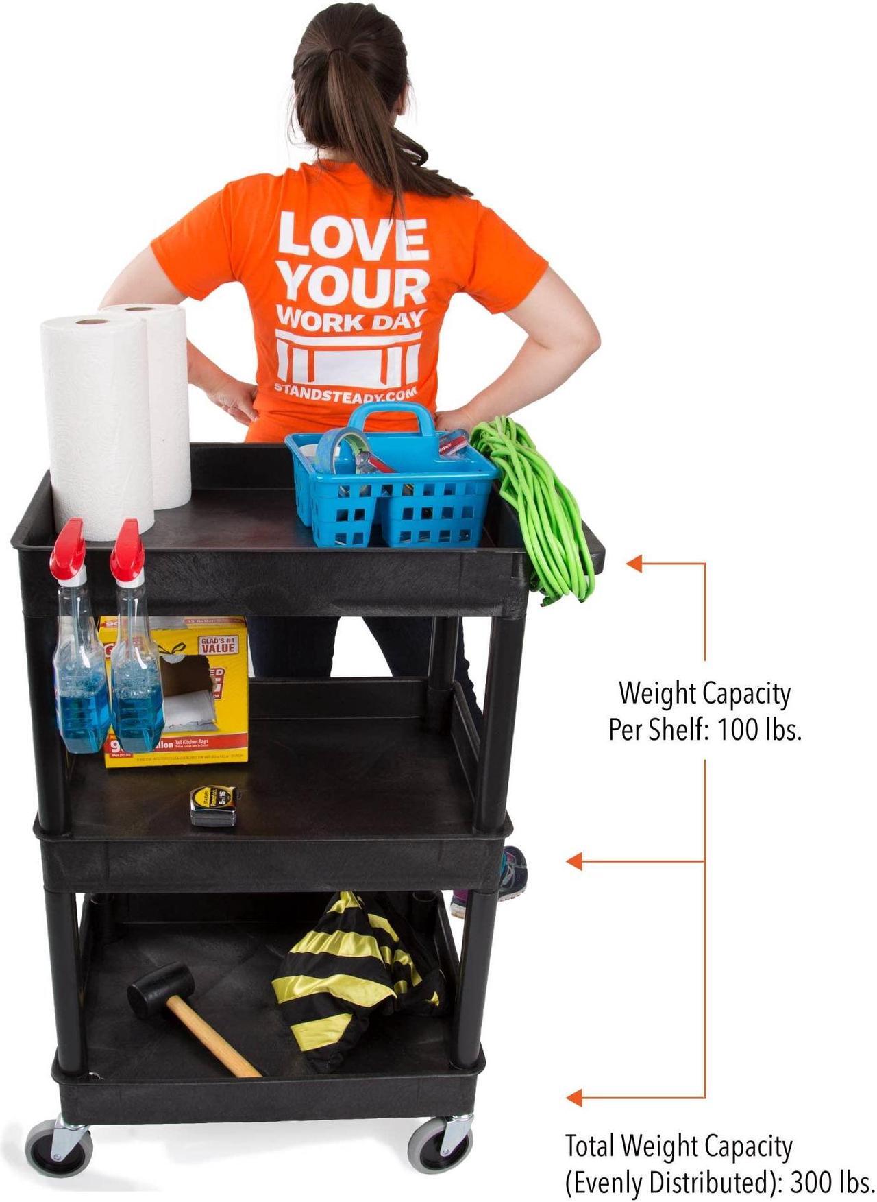 Alt view image 6 of 7 - Tubstr Compact 3 Shelf Utility Cart | Heavy Duty Service Cart Supports up to 300 lbs! | Tub Cart with Deep Shelves | Great for Warehouse, Garage, Cleaning & More (3 Shelf/Black / 24 x 18)