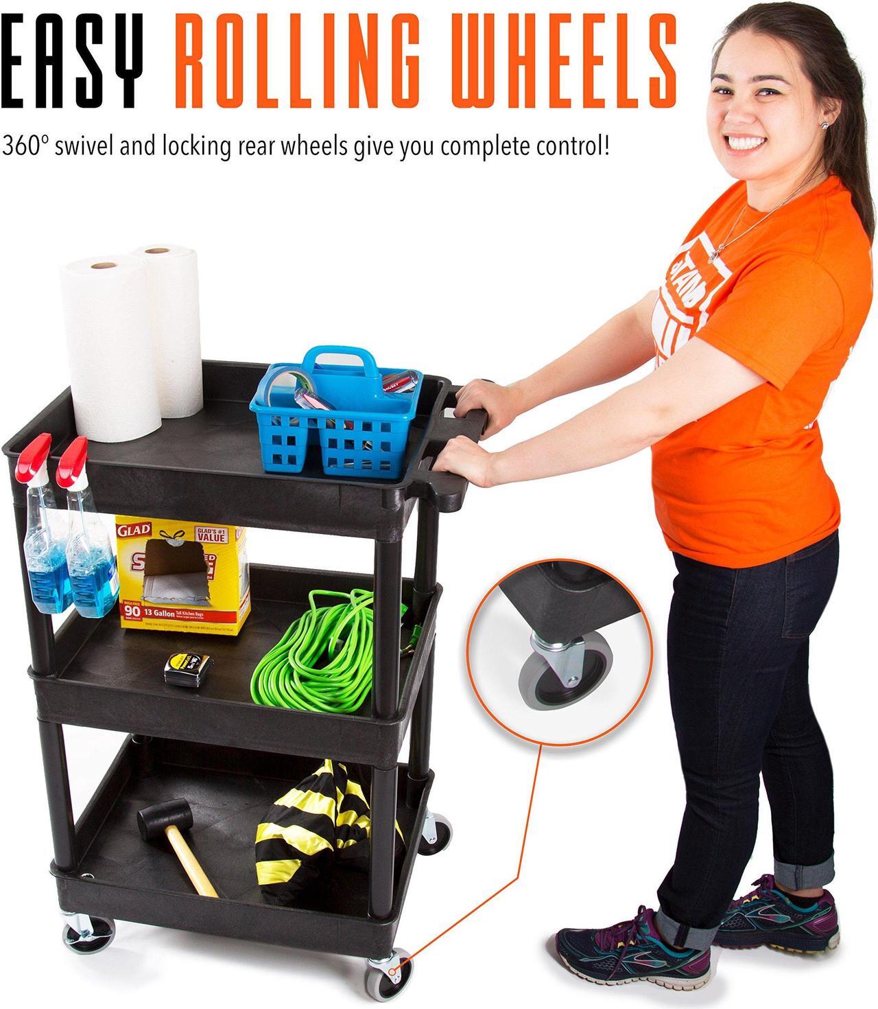 Alt view image 7 of 7 - Tubstr Compact 3 Shelf Utility Cart | Heavy Duty Service Cart Supports up to 300 lbs! | Tub Cart with Deep Shelves | Great for Warehouse, Garage, Cleaning & More (3 Shelf/Black / 24 x 18)
